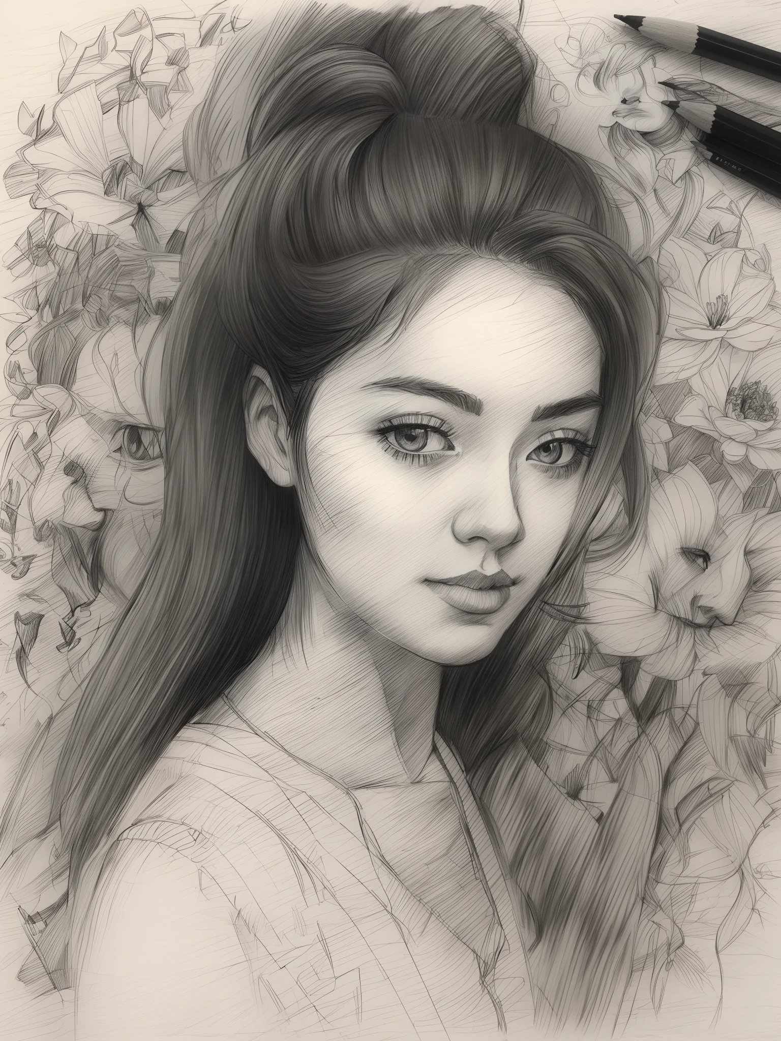 1girl, ((Solo))，In a sea of flowers，Full moon background，realistic sketch, hyperrealistic sketch, detailed pencil sketch, Pencil sketch, realistic digital drawing, detailed sketch drawing, highly detailed portrait, detailed 4 k drawing, pencil drawing, highly detailed sketch, Realistic drawing, extremely detailed portrait, detailed but rough, pencil drawing illustration, realism drawing, detailed sketch, sketch art,((High quality, Masterpiece:1.4)), Portrait sketch, Messy drawings, Messy charcoal spots, Unfinished sketch, Painting in charcoal style, Sketchbook drawing, sketchbook, Beautiful hair，Black eyes，prette，Realistic charcoal line, Imperfect drawing, Charcoal shavings, Charcoal production line, imperfections, Doctor's robe in white dress, , Realistic