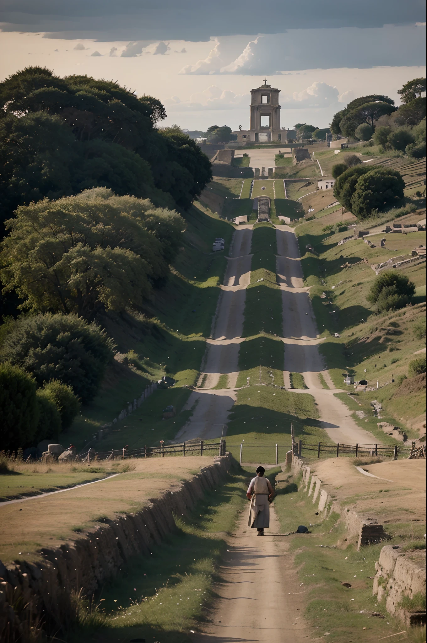 A picture of ancient Rome after the revolt of Spartacus, The scene of the execution of slaves by the ancient method of crucifixion, Rural Road, Sundown, Around the Bread Road, Agitated in the wind, The road goes into the distance, Among the loaves of bread, Along the road, slaves are hung on crosses to the horizon, At the base of each cross there is either a urinal or a toilet bowl
