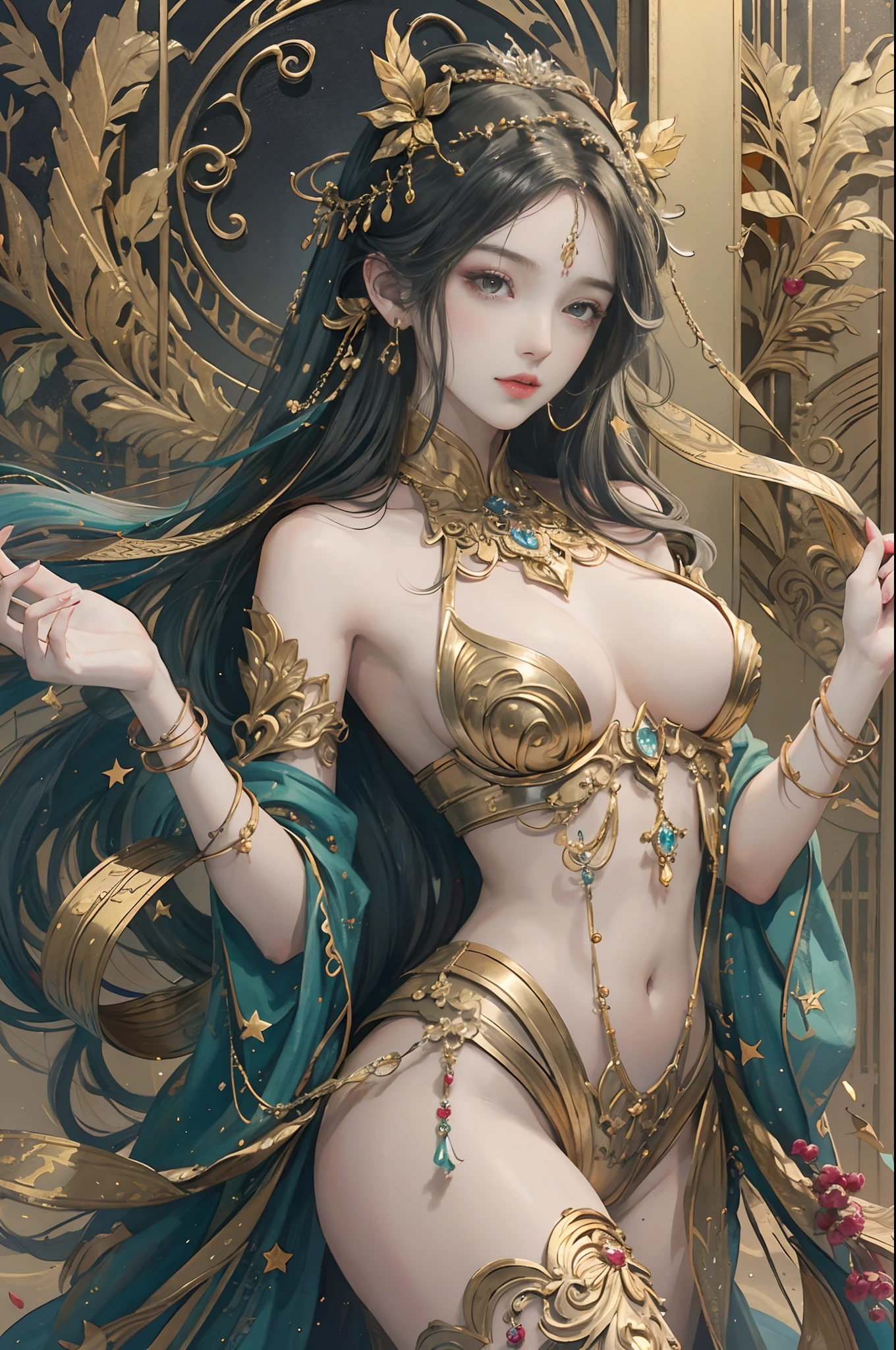 （tmasterpiece，top Quority，best qualtiy，offcial art，Beautiful and aesthetic：1.2），（1girl in），Extremely detailed，Colorful，highestdetailed，offcial art，统一 8k 壁纸，ultra - detailed，Beautiful and aesthetic，big breasts beautiful，tmasterpiece，best qualtiy，（Zentangle，datura，Tangles，Entangled），Sacred rays，gold foil，Gold leaf art，glitter drawing，PerfectNwsjMajic，Complete body，From knee to chest，fully body photo