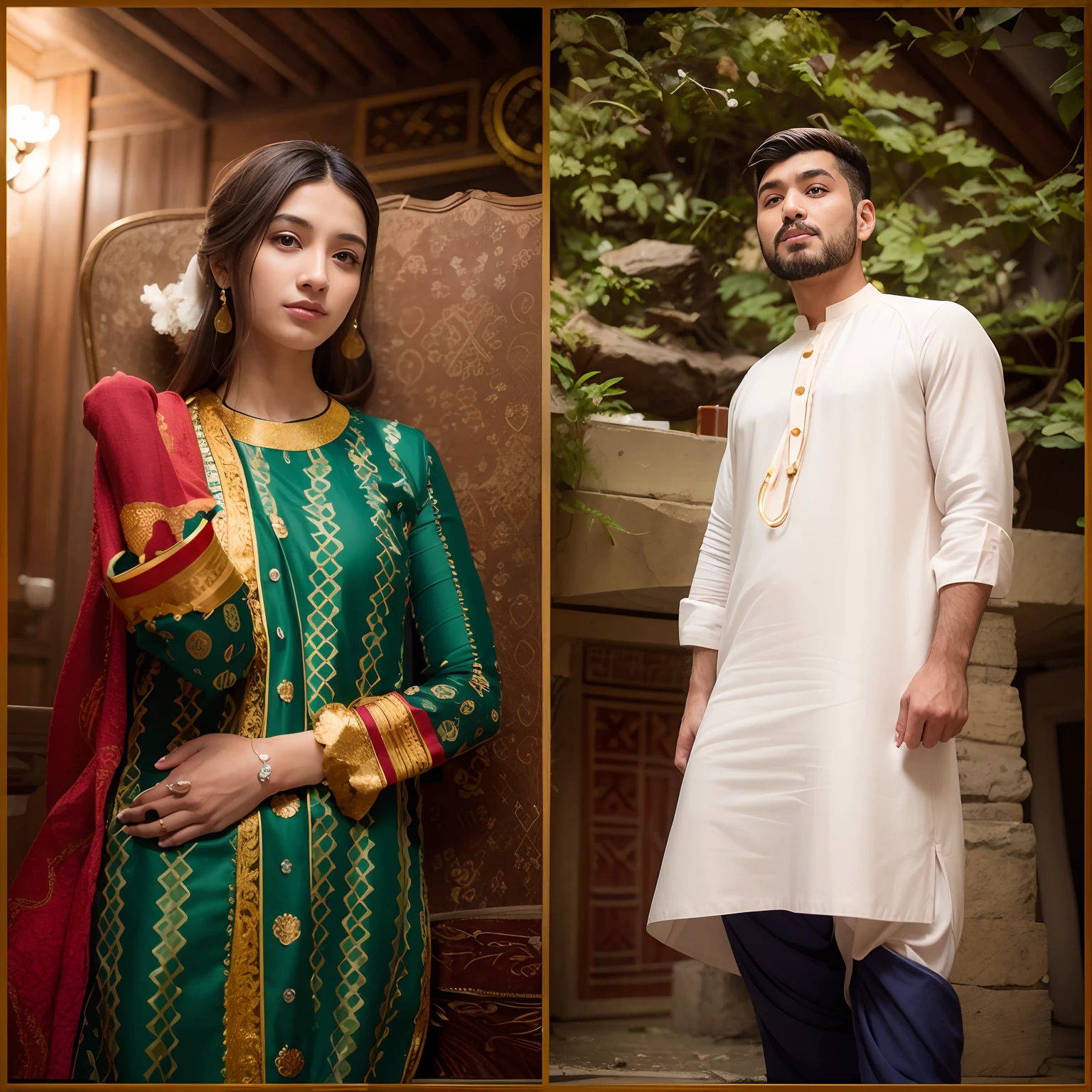 two pictures of a man and a woman in traditional clothing, wearing a kurta, traditional clothes, profile pic, wearing traditional garb, dressed with long fluent clothes, traditional clothing, ash thorp khyzyl saleem, profile picture 1024px, very very low quality picture, wearing a silk kurta, male and female, by Riza Abbasi