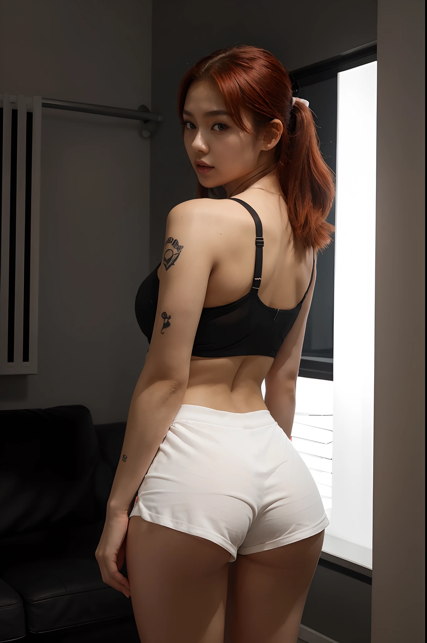 araffe in a black bra top and white shorts in a night city, korean girl, gorgeous young korean woman, back pose, in shorts, cottagecore!! fitness body, toned derriere, thicc, side pose, beautiful south korean woman, booty shorts, 2 4 year old female model, sexy girl wearing shorts, korean woman, lit from behind, heavy makeup, hair ties, slightly open mouth, big eyes, glossy, very pretty face, slender waist, sex pack, light red hair, tattoo girl
