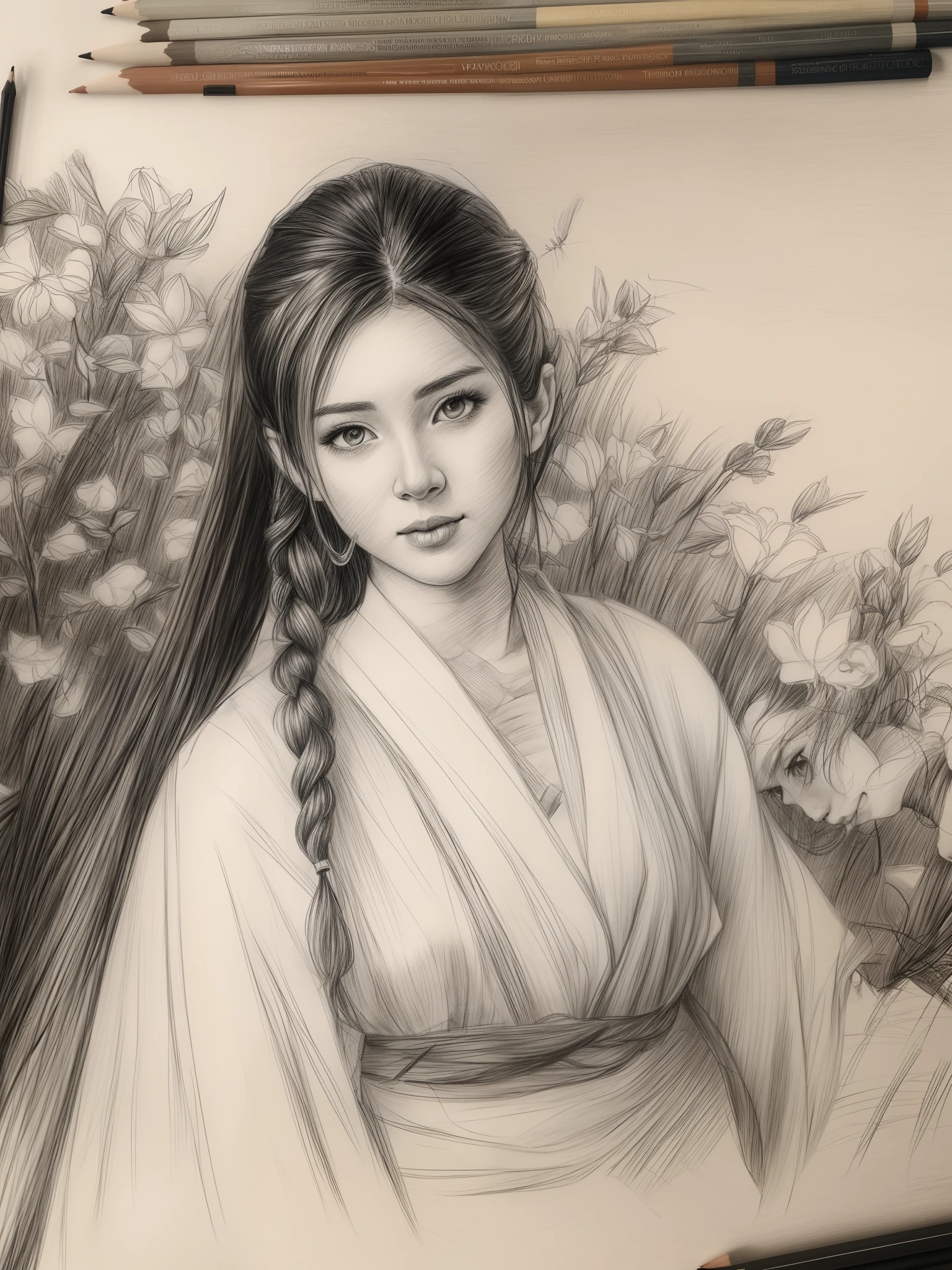 （1girl，pigtails，jewely，耳Nipple Ring，blossoms，By bangs，Printing，looking at viewert，long whitr hair，longer sleeves，florest background，The upper part of the body，shift dresses，Wrist watch，bangle，puff sleeves，brunette color hair, shawl, single braid, ribbon, flor branca, shairband, Keep one's mouth shut, Raise Hand, Braided ponytail, Hanfu, whiteskirt, bluedress, Hand on chin,）, ((Solo))，In a sea of flowers，Full moon background，realistic sketch, hyperrealistic sketch, detailed pencil sketch, Pencil sketch, realistic digital drawing, detailed sketch drawing, highly detailed portrait, detailed 4 k drawing, pencil drawing, highly detailed sketch, Realistic drawing, extremely detailed portrait, detailed but rough, pencil drawing illustration, realism drawing, detailed sketch, sketch art,((High quality, Masterpiece:1.4)), Portrait sketch, Messy drawings, Messy charcoal spots, Unfinished sketch, Painting in charcoal style, Sketchbook drawing, sketchbook, Beautiful hair，Black eyes，prette，Realistic charcoal line, Imperfect drawing, Charcoal shavings, Charcoal production line, imperfections, Doctor's robe in white dress, , Realistic
