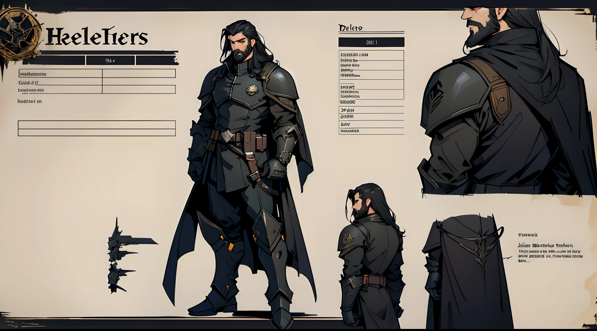 1 Man solo, he has a short black beard and he has long black flowing hair. he is Wearing futuristic armor with a cape. (Helldivers) Dark background. character sheet. front, side, back view. Character sheet. detailed. high detail character sheet
