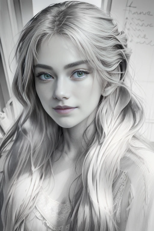 (Best quality,4K,A high resolution,Masterpiece:1.4), Monochrome style, Beautiful women, long and flowing hair,Realistic face, Masterpiece, High details, Sketch with a pencil 1.4, Ink sketch, Beach background, High-detail lighting, Slight smile, Fair skin, Isolated in a spacious space, Wide white margins