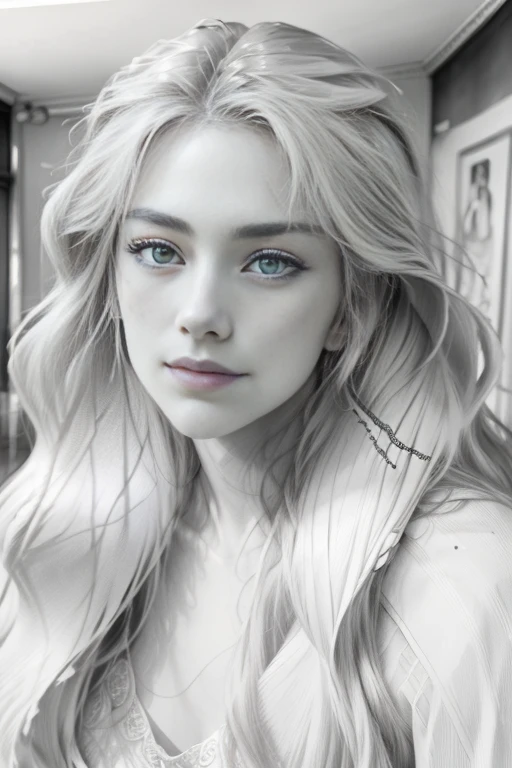 (Best quality,4K,A high resolution,Masterpiece:1.4), Monochrome style, Beautiful women, long and flowing hair,Realistic face, Masterpiece, High details, Sketch with a pencil 1.4, Ink sketch, Beach background, High-detail lighting, Slight smile, Fair skin, Isolated in a spacious space, Wide white margins
