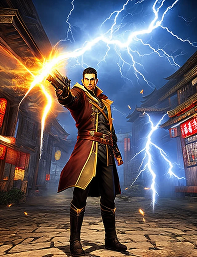"A man in China possessing both a gun and lightning powers, accompanied by three distinct characters with unique backgrounds."