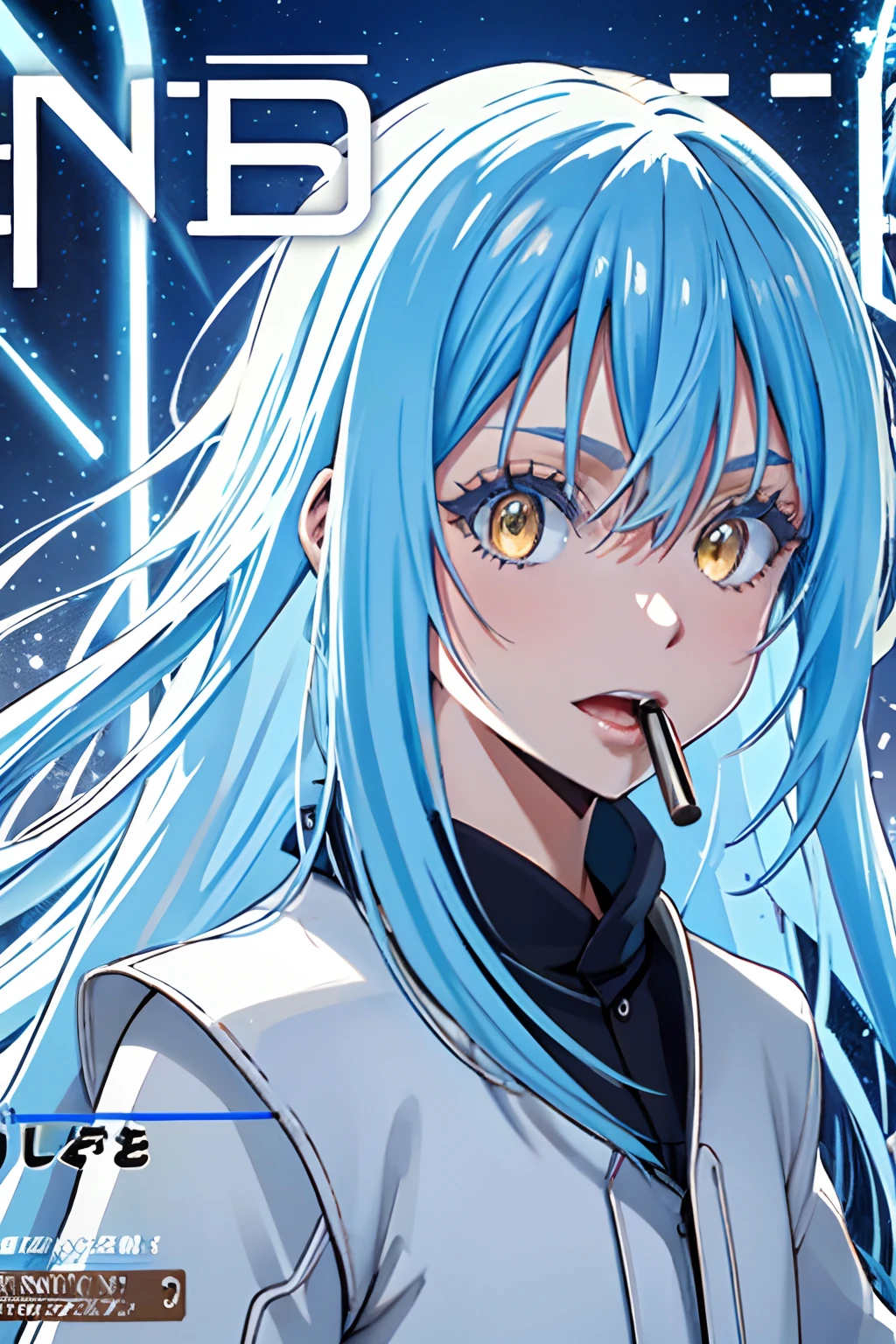 Official art, Unity 8k Wallpapers, ultra-detailliert, Beautifully Aesthetic, masterpiece, top-quality, realisitic, a closeup, Skindentation, interface, A detailed eye, A detailed face, detailed hairs, black backgrounds, straight-on, looking at the viewers, The sheen, Anime, looking at viewer with a cigarette in her mouth, highly detailed with reflections transparent iridescent opaque jacket, Long transparent iridescent RGB hair, 1girl in, Solo, fronds, Long hair, Blurry, Shirt, Parted lips, Outdoors, Floating hair, Long sleeves, White shirt, Bangs, Upper body, Open mouth, tusk, Brown eyes, Wind, Winters,Yuki,snowscape,Blurry background, day, depth of fields, bug,Funeral Freelen,Freelen,Light blue hair,Twin-tailed,Magazine Cover,