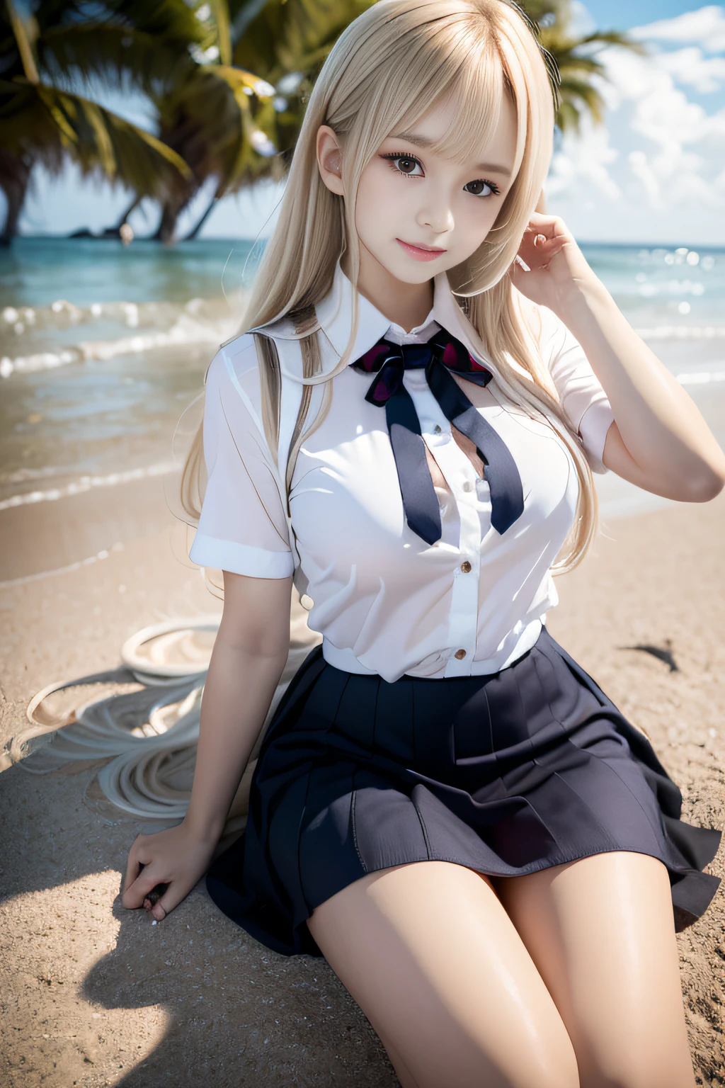 ((masuter piece)), ((Best Quality)), ((hight resolution)), ((the Extremely Detailed CG Unity 8K Wallpapers)), Solo, shool uniform, Black skirt, White socks, Outdoors, Face, the beach, Hanging hair, parted hair, Silvery hair, Amber eyes, Beautiful breasts with F cups,