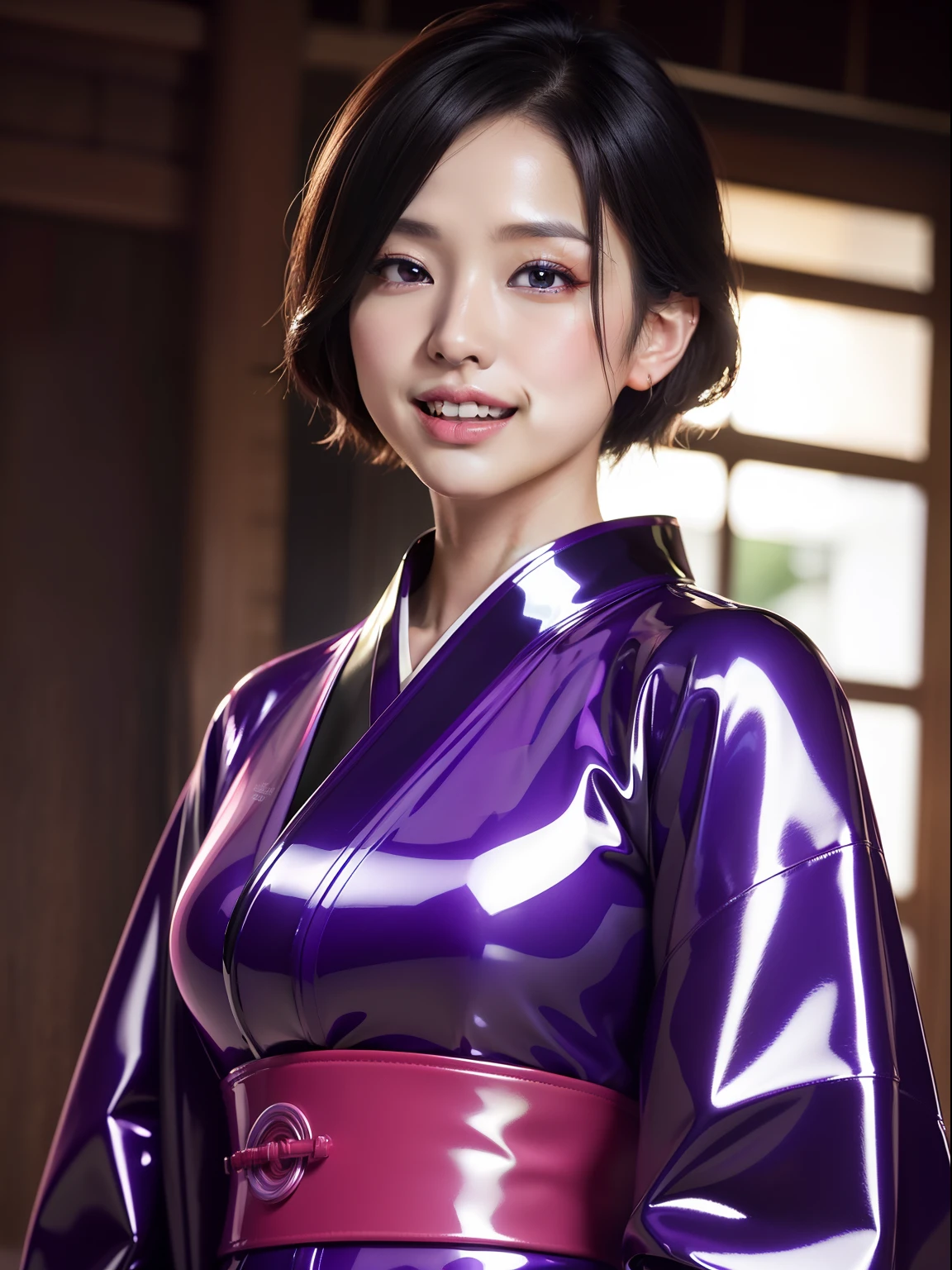 masutepiece,A hyper-realistic,32K,the Extremely Detailed CG Unity 8K Wallpapers, Best Quality,(beautiful japanese female),short-hair,((Purple Latex Kimono)),Skin fit, Flashy makeup,(Film Overlay:1.3),Opens mouth and laughs,Gichigichi
