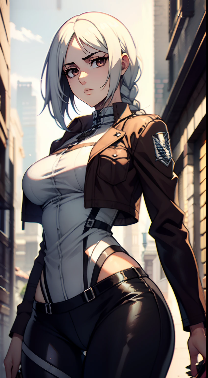 photo portrait, Beautiful figure, Lucy from the anime series Cyberpunk Edge Runner, a 1girl, facing the viewer, Beautiful figure (Proper Anatopy 1.1.), in full height (Body Full 1.1), Slim, Slender figure, Slender figure, shapely legs, leather pants, Anime style, white colored hair, white colored hair, that disappear at the ends, Bob hairstyle, short white jacket, tight black suit, Cutouts on the shoulders, Cutouts on the chest, Skinny black leather pants, Very detailed face, Very beautiful face, Very sexy ass, in full height (Body Full 1.1), Tall android girl, small elastic breasts, Little ass, Hair is gathered in a braid, Beautiful slim figure, small buttocks, A braid around the head, Round braid, Red Star in the Forehead, Short Brown Jacket, black tight suit, darkly,gris & Dark Style:1.1), Light, femininity,tmasterpiece,beste-Qualit,higly detailed,Visible to the feet, 8K resolution, High Sharp, 8K resolution, higly detailed, 8K UHD, Professional lighting, Photon mapping,physical based rendering, a perfect face, detailed face and body, ray traced, expressive look, Cinmatic Lighting,elastic small breasts, Heightened sexuality,