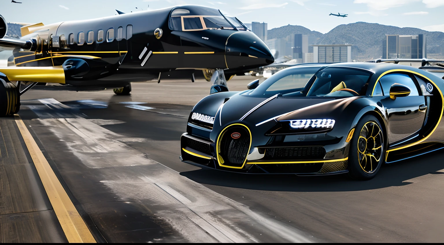 a close up of a buggy on a runway with a plane in the background, chiron, bugatti, hyper luxurious, luxury hd render, inspired by Hedi Xandt, bugatti veyron, luxury lifestyle, hyper real render, supercar, flaunting his wealth, badass composition, luxury and elite, by derek zabrocki, andrew tate driving a bugatti