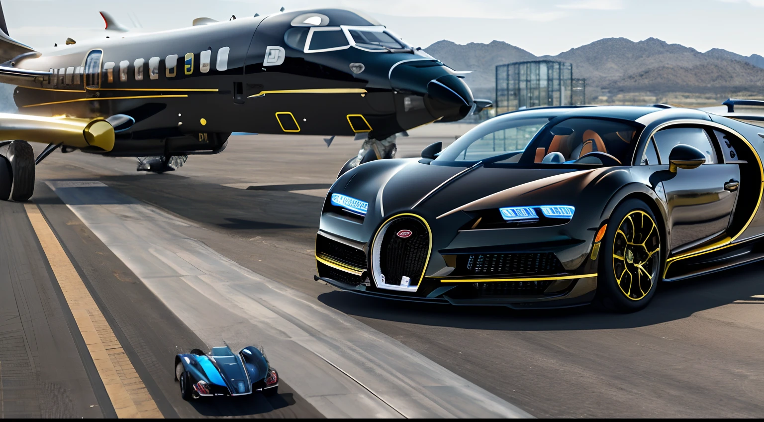 a close up of a buggy on a runway with a plane in the background, chiron, bugatti, hyper luxurious, luxury hd render, inspired by Hedi Xandt, bugatti veyron, luxury lifestyle, hyper real render, supercar, flaunting his wealth, badass composition, luxury and elite, by derek zabrocki, andrew tate driving a bugatti