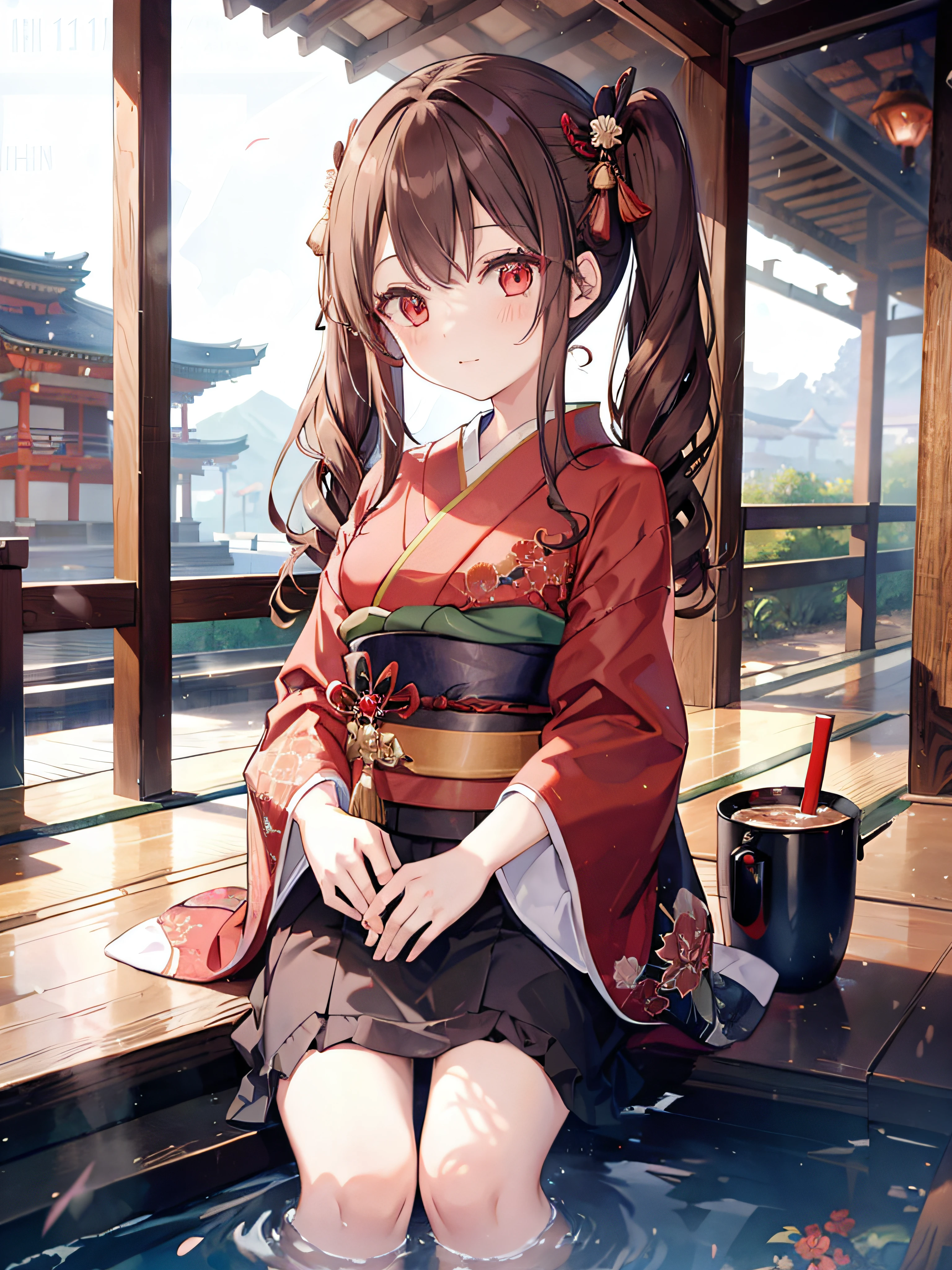 1girl, long twintail brown hair, red eyes, wearing kimono, temple, absurdres, high res, ultrasharp, 8K, masterpiece, looking at viewer