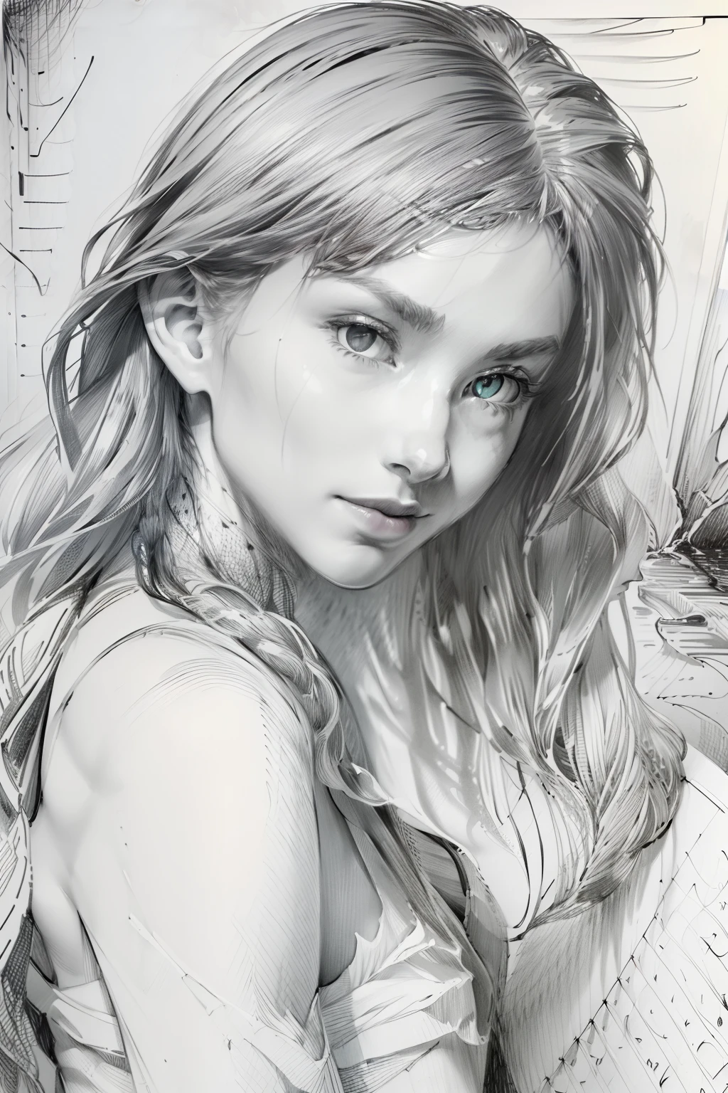 (Best quality,4K,A high resolution,Masterpiece:1.4), Monochrome style, Beautiful women, long and flowing hair, Glowing eyes, Realistic face, Masterpiece, High details, Sketch with a pencil, Ink sketch, Beach background, High-detail lighting, Slight smile, Fair skin, Isolated in a spacious space, Wide white margins