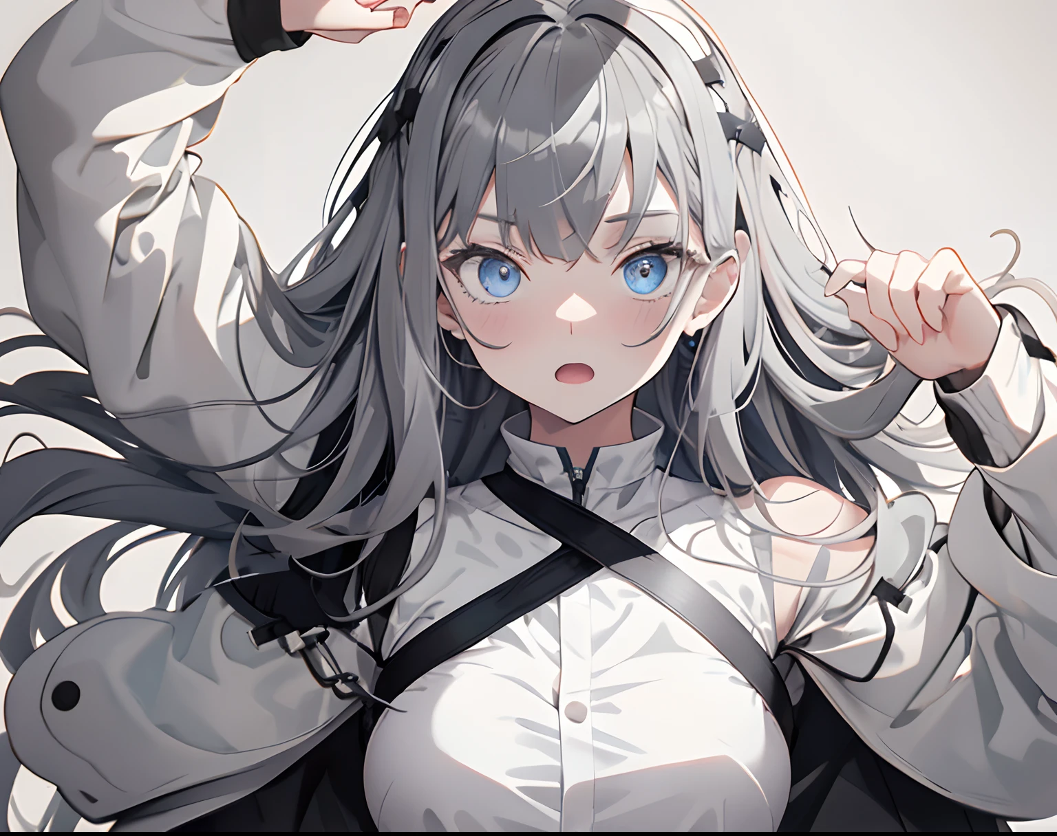 【Highest Quality, masutepiece】 [girl, Manteau, expressioness, blue eyess, front facing, Black hair, Happy, Upper body] (Gray white background:1.7), Surprised, Sheer