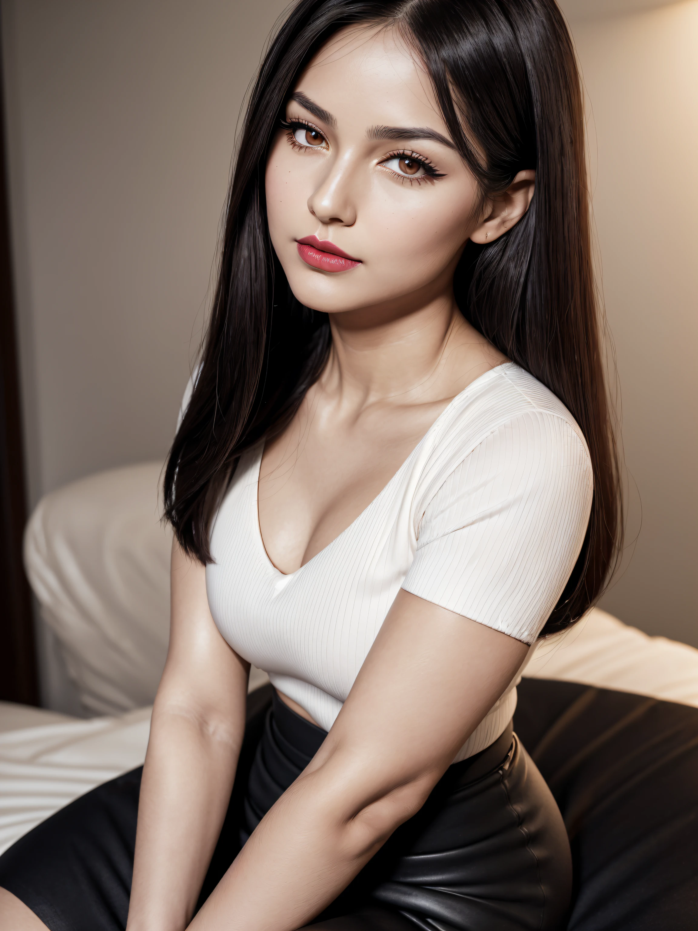 (Masterpiece), (Realistic), best quality, (Beautiful+attractive+feminine+lovely+nerd:0.8+soft skin+soft body), tanned woman, (black eyeliner), black makeup, 40 years, straight hair, (dark black hair), (small forehead), (thin eyebrows), (arched eyebrows), (dark brown eyes), thin almond eyes, most beautiful nose, perfect nose, beautiful cheeks, dimples cheeks, round cheeks, feminine cheeks, cute cheeks, dark red lips, beautiful lips, feminine lips, (rounded jaw), (small jaw), beautiful jaw, feminine jaw, 175cm body, beautiful body, feminine body, curvy body, soft body, wearing feminine lawyer tight pencil pink skirt white shirt, flirting sensual and confident expression, (looking_at_viewer)