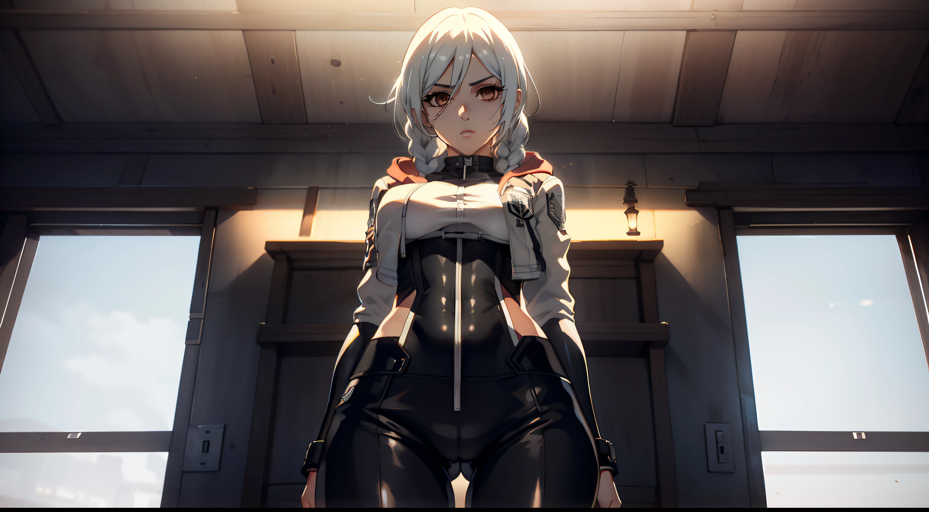 photo portrait, in full height (Body Full 1.1.), Beautiful figure, Lucy from the anime series Cyberpunk Edge Runner, a 1girl, facing the viewer, Beautiful figure (Proper Anatopy 1.1.), in full height (Body Full 1.1), Slim, Slender figure, Slender figure, shapely legs, leather pants, Anime style, white colored hair, white colored hair, that disappear at the ends, Bob hairstyle, short white jacket, tight black suit, Cutouts on the shoulders, Cutouts on the chest, Skinny black leather pants, Very detailed face, Very beautiful face, Very sexy ass, in full height (Body Full 1.1), Tall android girl, small elastic breasts, Little ass, Glitter Head Mask, Hair is gathered in a braid, Beautiful slim figure, small buttocks, A braid around the head, Round braid, Red Star in the Forehead, Short Brown Jacket, black tight suit, darkly,gris & Dark Style:1.1), Light, femininity,tmasterpiece,beste-Qualit,higly detailed,Visible to the feet, 8K resolution, High Sharp, 8K resolution, higly detailed, 8K UHD, Professional lighting, Photon mapping,physical based rendering, a perfect face, detailed face and body, ray traced, expressive look, Cinmatic Lighting,elastic small breasts, Heightened sexuality,