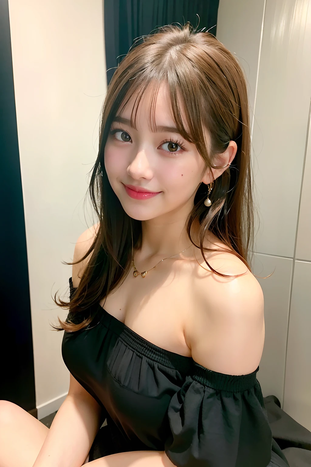 21-year-old Japan woman、realistic、high resolution、High resolution、realistic skin texture、Look at me and smile kindly、dark room、NSFW、model、necklace、bracelet、earrings、brown hair with highlights、beautiful face、model体型、whole body、standing position