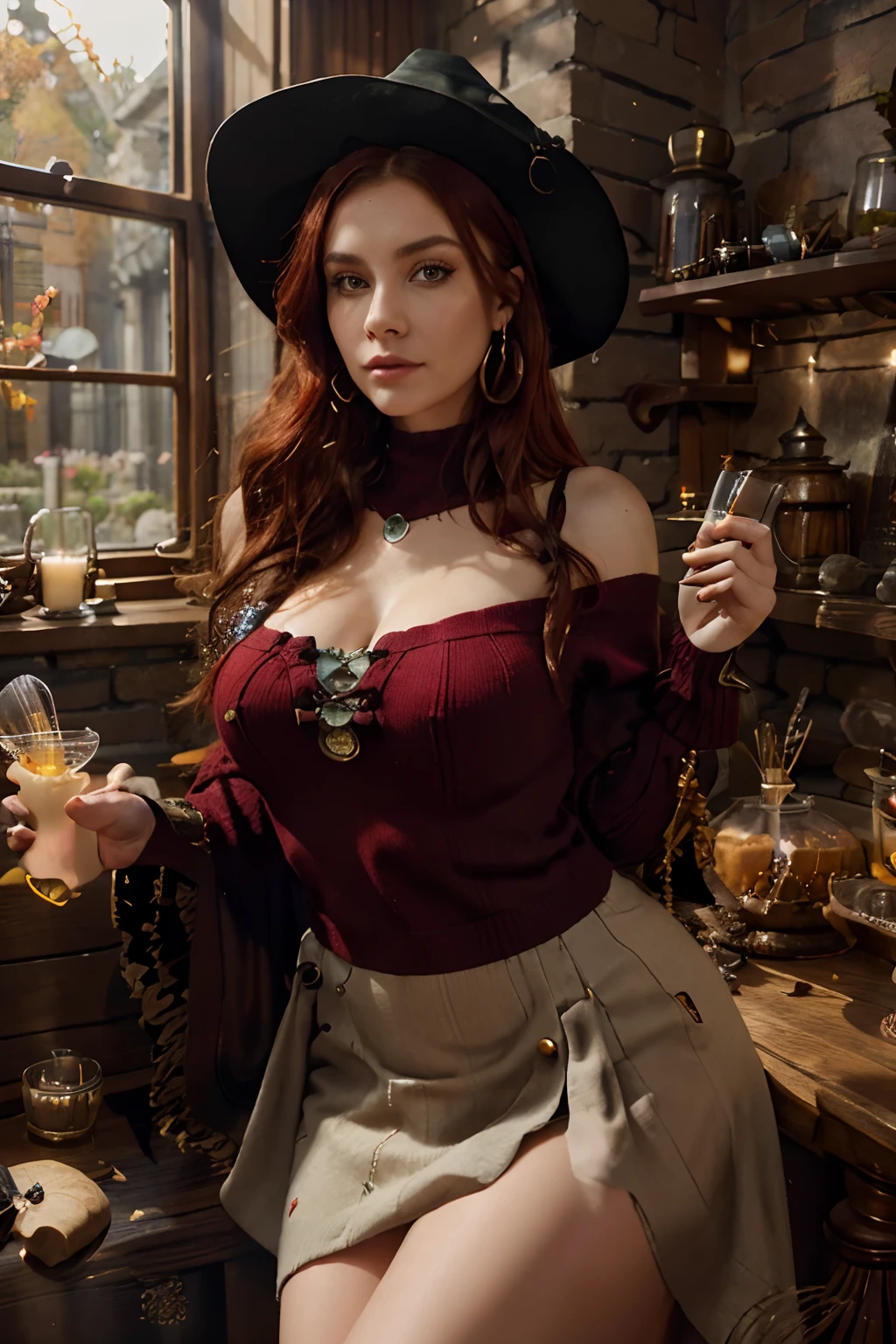 Gorgeous artsy punk goth woman, a witch, quite-long flowing voluminous wavy unkempt red hair with incredible detail and texture, in a cropped off shoulder sweater and a long skirt and hat, cleavage and full hips, perfect athletic body, exquisite detail on texture of clothing and matching colors, glasses, flowers in hair, tattoos, jewelry, big beautiful eyes and gorgeous Irish face with lovely lips, seductive look, small smile, 8k RAW professional photograph, raytracing, subsurface scattering, in a castle with a potion laboratory cuz, autumn leaves outside a big window, candles, fireflies