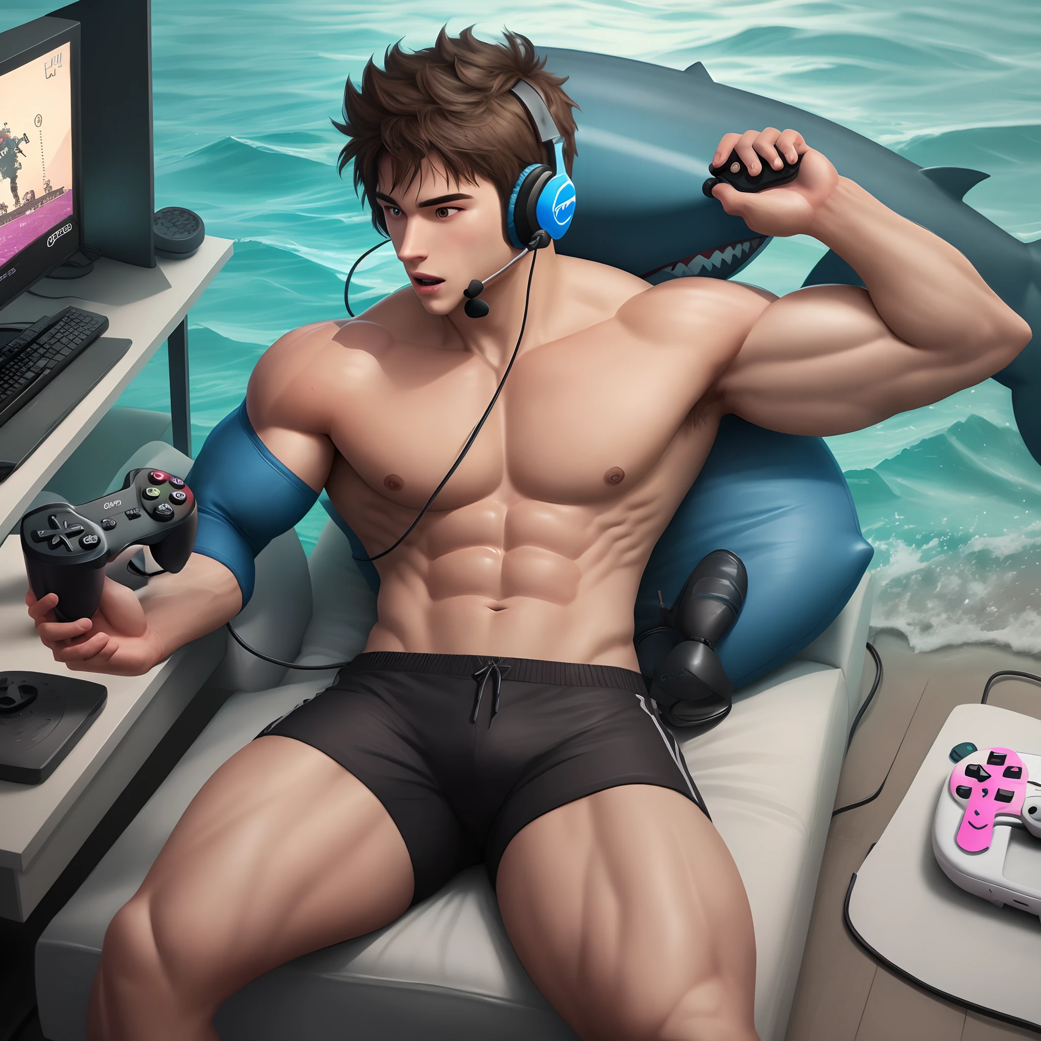 Muscular shark with a headset and a video game controller
