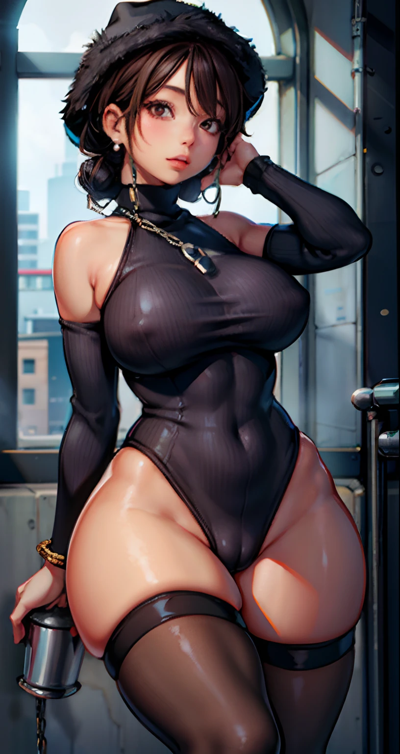 masterpiece, best quality,1girl,28 year old woman,brown eyes,drill_hair,shiny_skin,thick_thighs,thin_waist,huge breasts
BREAK
day,, Black_turtleneck_sweater_dress, knee-high_boots, faux_fur_bucket_hat, pearl_drop_earrings, chain_bracelet,,pantyhose:1.3,crowd:1.1,depth of field,looking at viewer,dynamic angle