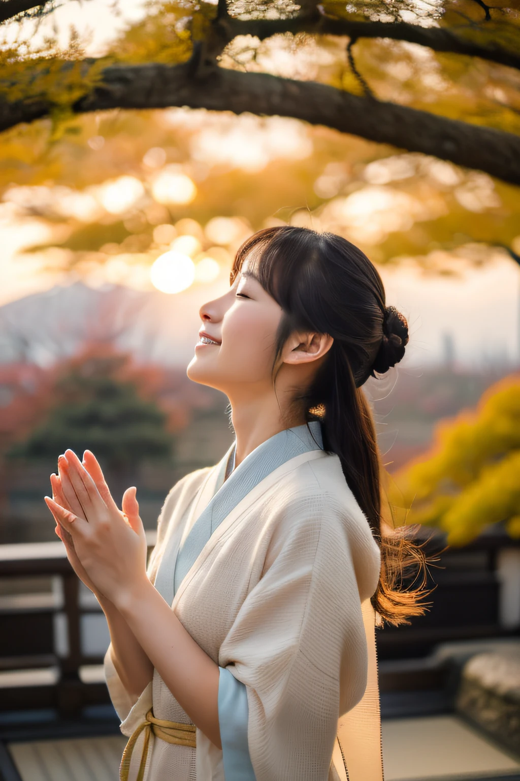 (​masterpiece、high-level image quality、hightquality)、(Beautiful realistic Japan woman:1.5、Beautie:1.4)、Sunrise、January 1、Woman praying with her hands together、perfect anatomia、Beautiful limbs、Wear warm clothes、23years old、White breath、(Beautiful limbs)、sacred mountain、Happy New Year