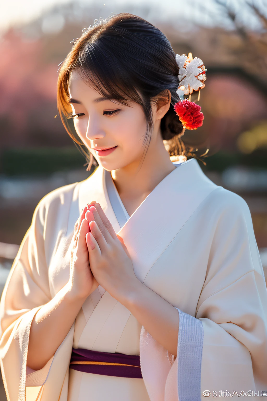 (masterpiece、high-level image quality、hightquality)、(Beautiful realistic Japan woman:1.5、Beautie:1.4)、Sunrise、January 1、Woman praying with her hands together、perfect anatomia、Beautiful limbs、Wear warm clothes、23years old、White breath、(Beautiful limbs)、sacred mountain、Happy New Year