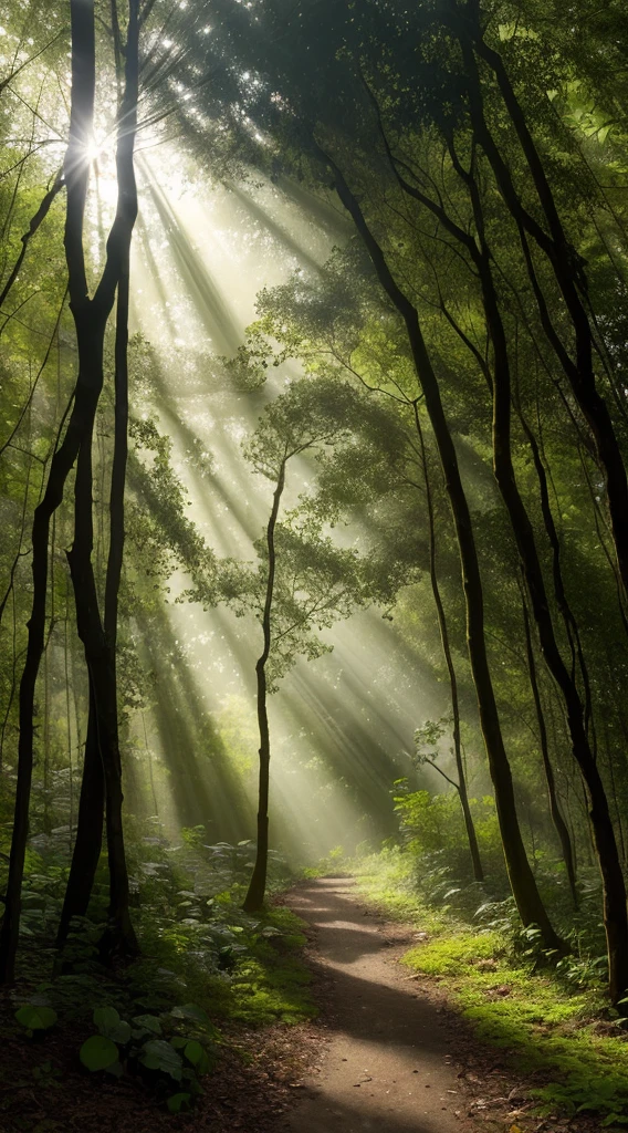 Description: In a secluded forest, a ray of sunlight pierces through the dense canopy, casting an ethereal glow on the forest floor. Amidst the towering trees, mysterious shadows seem to come alive, whispering secrets to those who dare to listen. Capture the enigmatic allure of these whispering shadows and the interplay between light and darkness in this mystical setting.
