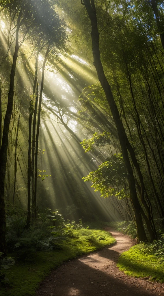 Description: In a secluded forest, a ray of sunlight pierces through the dense canopy, casting an ethereal glow on the forest floor. Amidst the towering trees, mysterious shadows seem to come alive, whispering secrets to those who dare to listen. Capture the enigmatic allure of these whispering shadows and the interplay between light and darkness in this mystical setting.