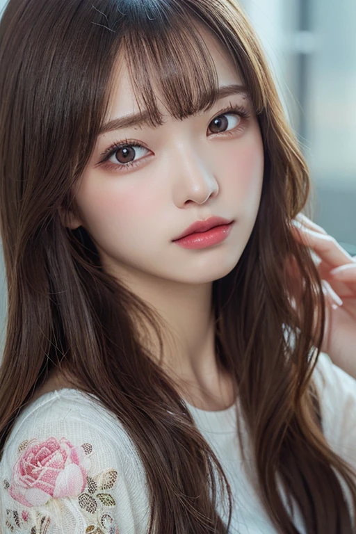 In detail, High resolution, high quality、Perfect dynamic composition, Beautiful attention to detail, Medium Hair,Natural color lip,Kamimei、Shibuya Ward、20-year-old girl、1 person、Clear Skin、Shiny Hair、Tabletop, 最high quality, figure, Super detailed, In detail, High resolution, 8K、The correct state of the human body、Random pose、Sculpture model pose,Hair dancing in the wind、underwear,Hair length,big ,hugeな胸の谷間, Bold sexy pose,huge 、Close-up of face