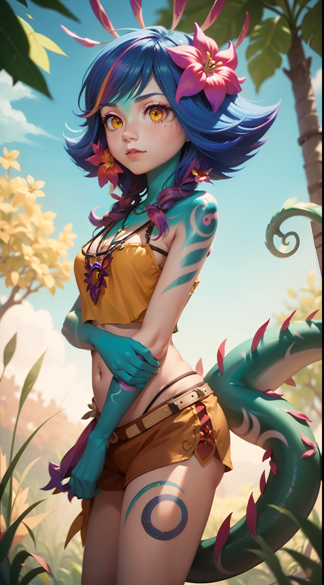 Neeko, 1girl, facial marks, hair ornaments, hair flower, necklace, brown shorts, crop top, multicolored skin, lizard tail, body paint, yellow eyes, cowboy shot, perfect anatomy