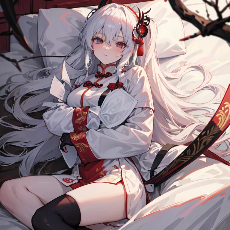 Chinese style In the woods Long white hair Beautiful maiden Legendary samurai Wearing a white shirt Wearing a short skirt Wearing tattered black stockings Holding a holy sword Lying on the bed with the demon king and kissing