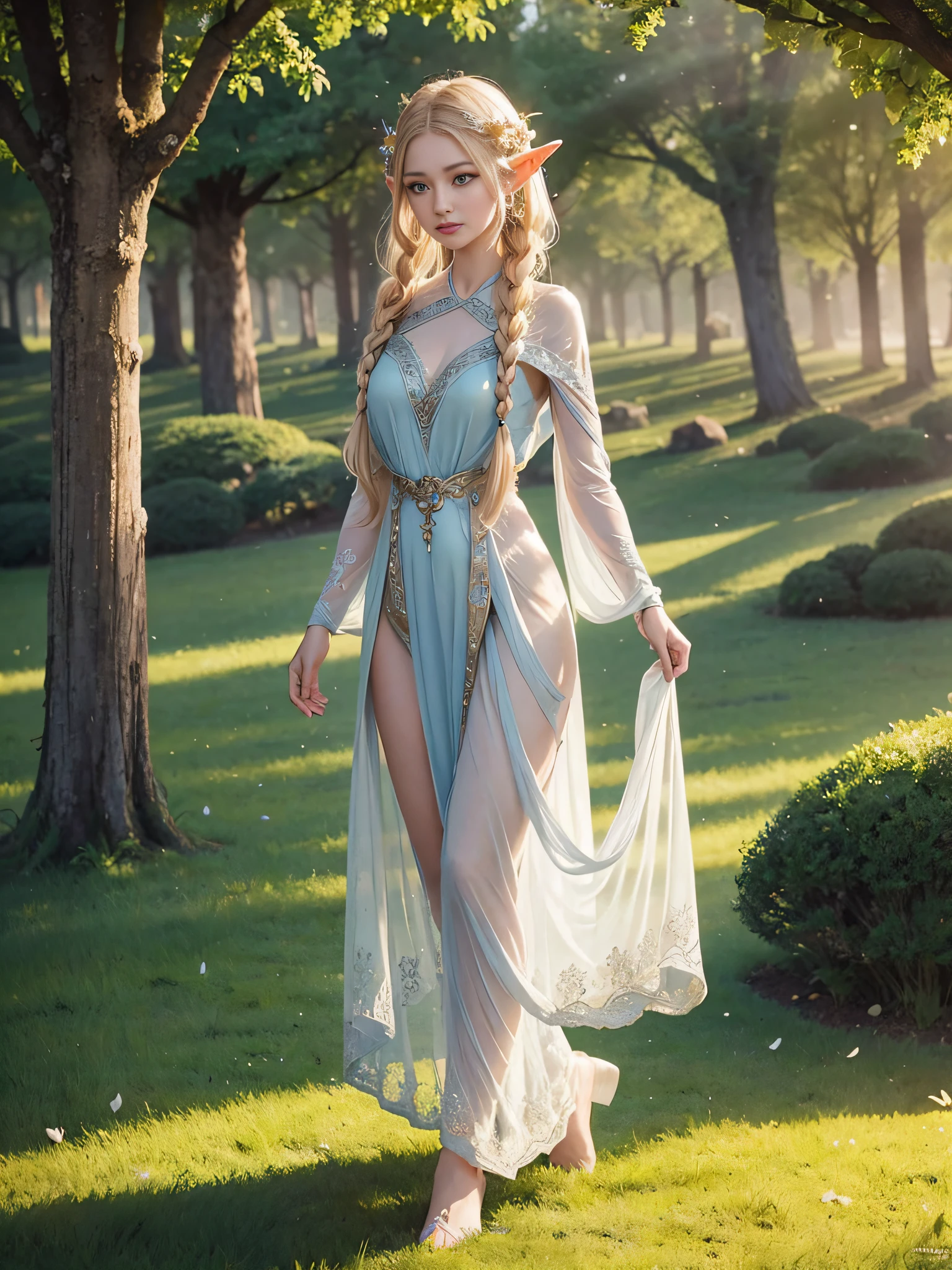 Graceful elven girl standing in meadow, Delicate face illuminated by the soft light of the setting sun. Her long, Flowing hair runs down your back, Decorated with intricate braids、Adorned with sparkling gemstones. This great photo is、、、It captures the ethereal beauty of elves. Slender figure in silk dress、Swaying in the soft steppe breeze. Attention to detail、Face that is、Face that is、Face that is、Face that is、It is evident in the intricate patterns of the dress and the subtle highlights of the luminescence. skin. The breathtaking portrayal of the elven girl is、、、、、Create an enchanting atmosphere、It invites the viewer to a magical world.