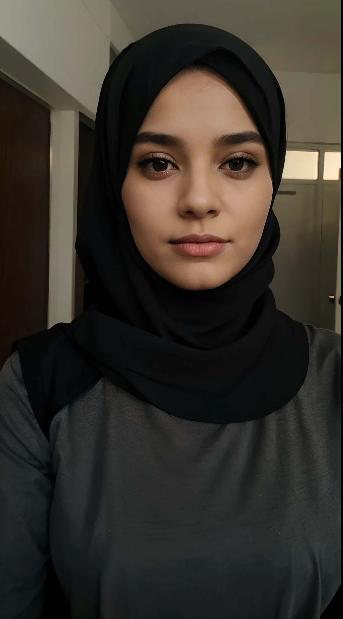 1 female, wearing a black Muslim hijab,