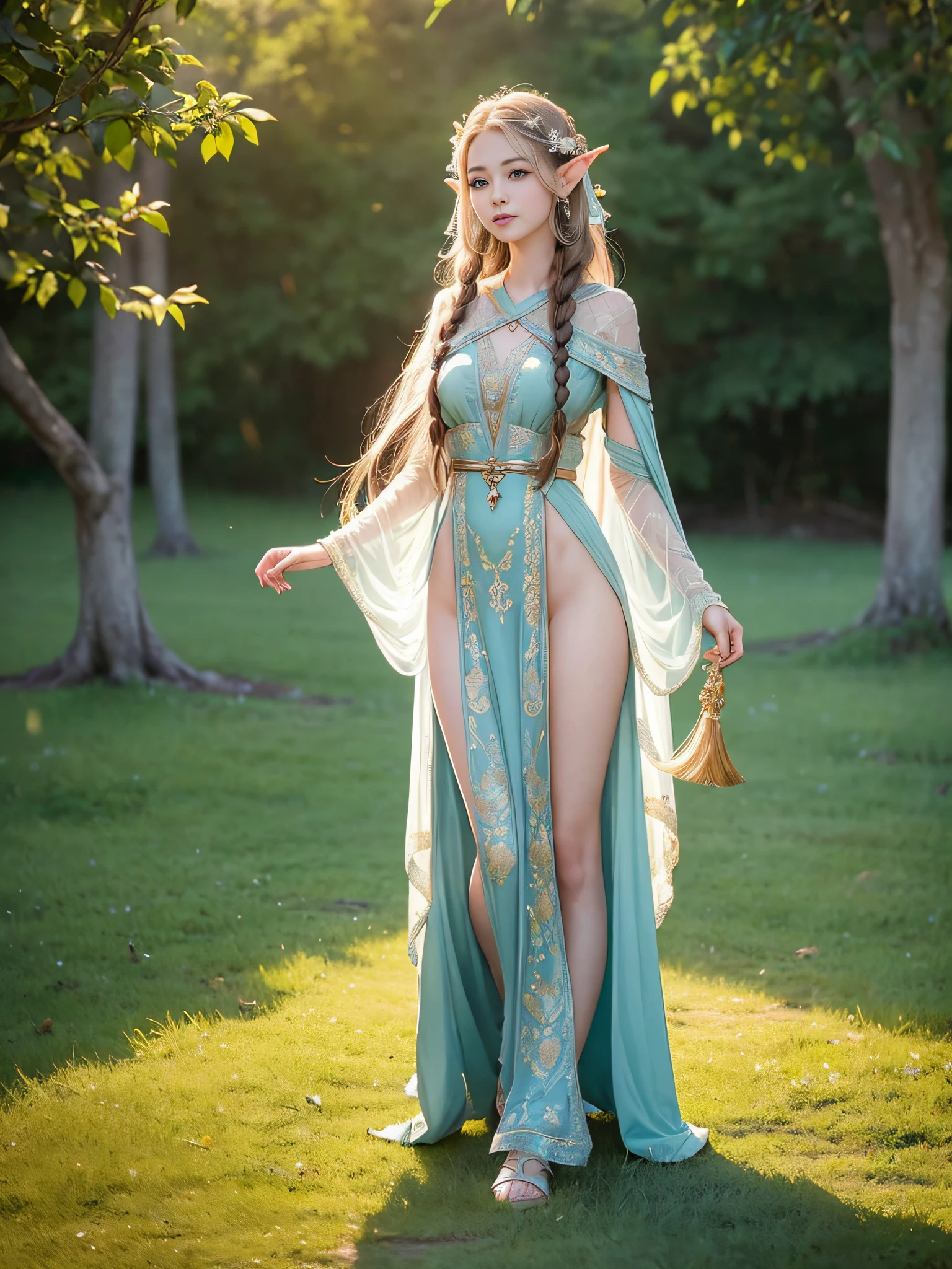 Graceful elven girl standing in meadow, Delicate face illuminated by the soft light of the setting sun. Her long, Flowing hair runs down your back, Decorated with intricate braids、Adorned with sparkling gemstones. This great photo is、、、It captures the ethereal beauty of elves. Slender figure in silk dress、Swaying in the soft steppe breeze. Attention to detail、Face that is、Face that is、Face that is、Face that is、It is evident in the intricate patterns of the dress and the subtle highlights of the luminescence. skin. The breathtaking portrayal of the elven girl is、、、、、Create an enchanting atmosphere、It invites the viewer to a magical world.