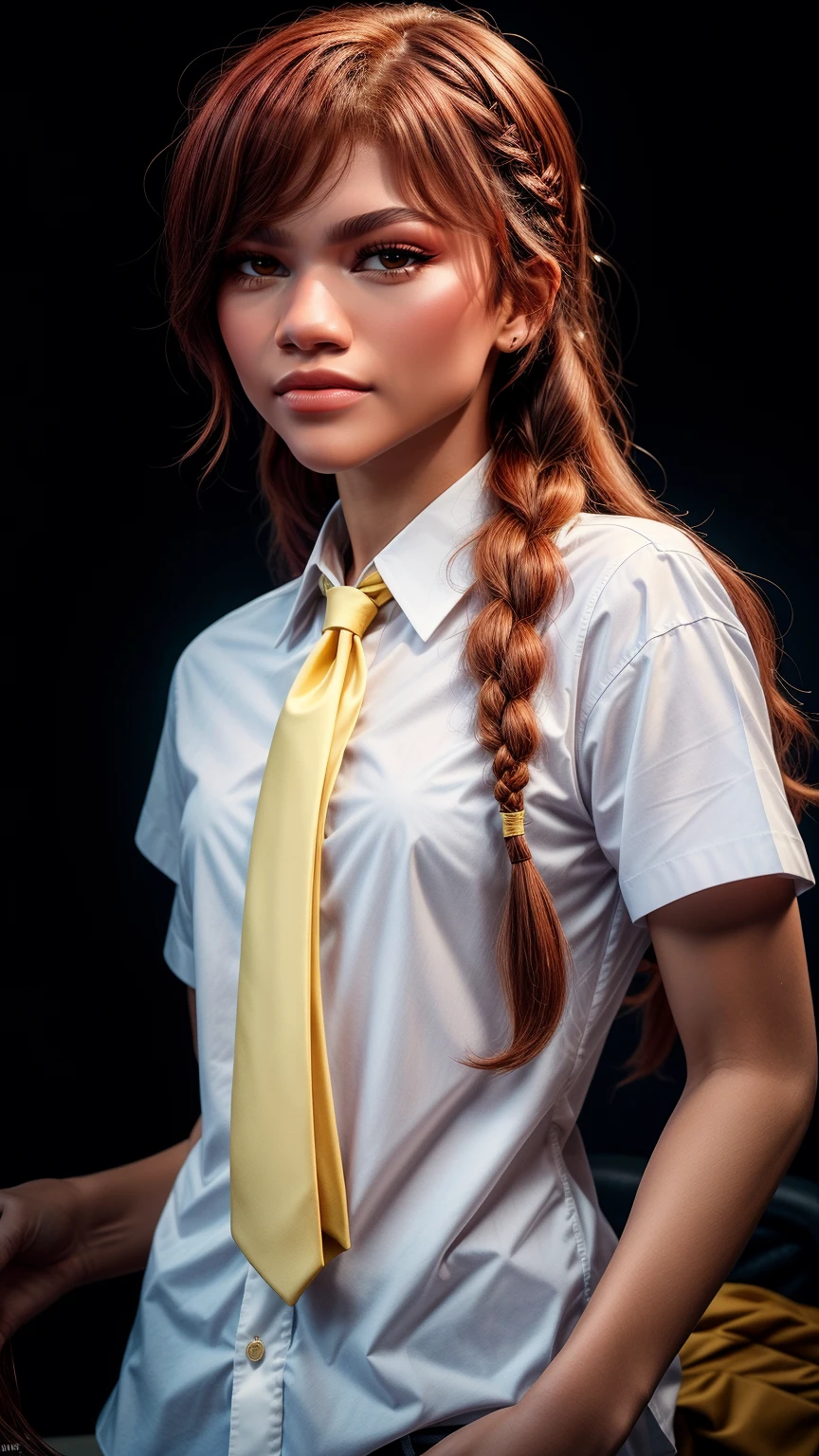 zendaya, masterpiece, (photorealistic:1.4), best quality, beautiful lighting, makima \(chainsaw man\), 1girl, (red hair)+(long braided hair)+(bangs), yellow eyes, golden eyes, ((ringed eyes)),  perfect body shape, perfect hands, detailed fingers, (white shirt), (necktie), RAW photo, 8k uhd, ((film grain)) half body shot