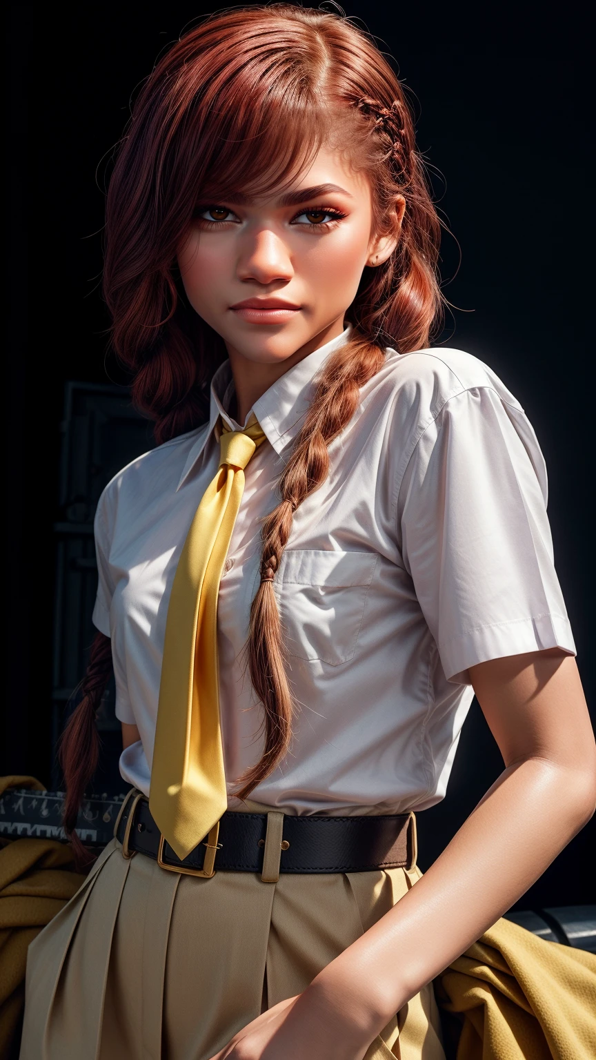 zendaya, masterpiece, (photorealistic:1.4), best quality, beautiful lighting, makima \(chainsaw man\), 1girl, (red hair)+(long braided hair)+(bangs), yellow eyes, golden eyes, ((ringed eyes)), perfect body shape, perfect hands, detailed fingers, (white shirt), (necktie), RAW photo, 8k uhd, ((film grain)) half body shot
