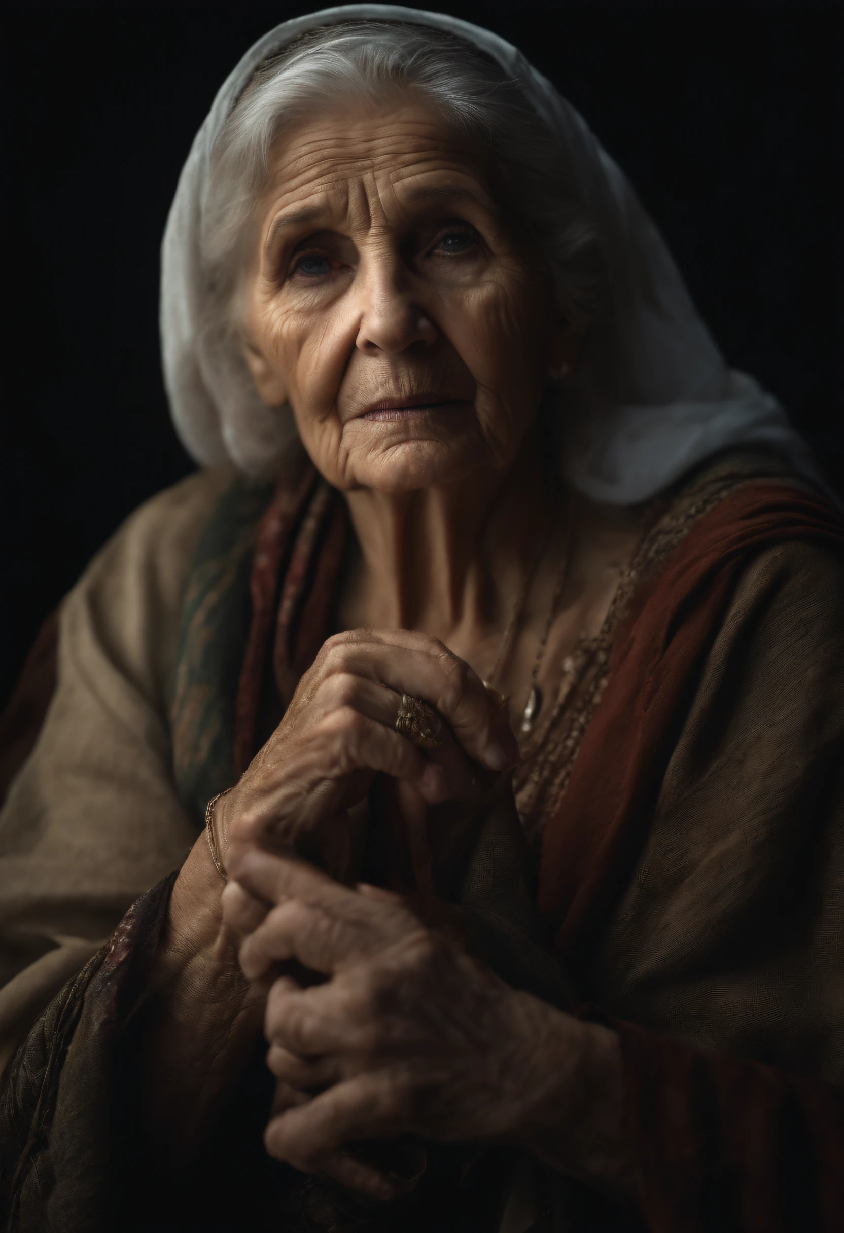 Elderly woman, fortune teller,Torn clothes, dry skin, Look Forward,All dark backgrounds, battered, Realistic, 8K