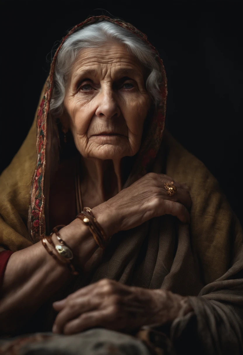 Elderly woman, fortune teller,Torn clothes, dry skin, Look Forward,All dark backgrounds, battered, Realistic, 8K
