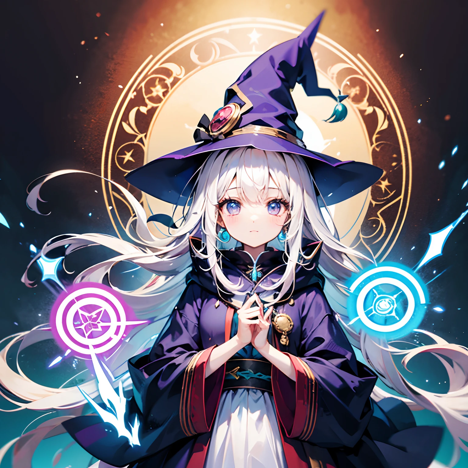 Wizard robes　Wizard Hat　Long magic wand　teens girl　Longhaire　kawaii faces　magic circles