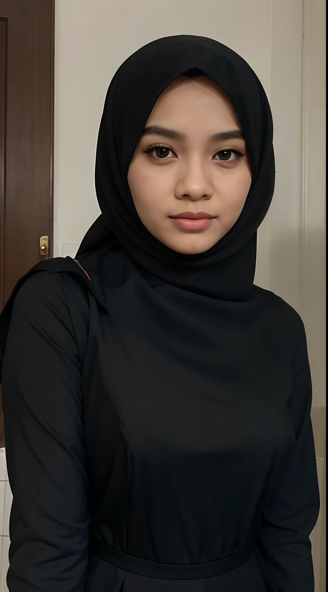 1 malay female, wearing a black Muslim hijab, black dress,