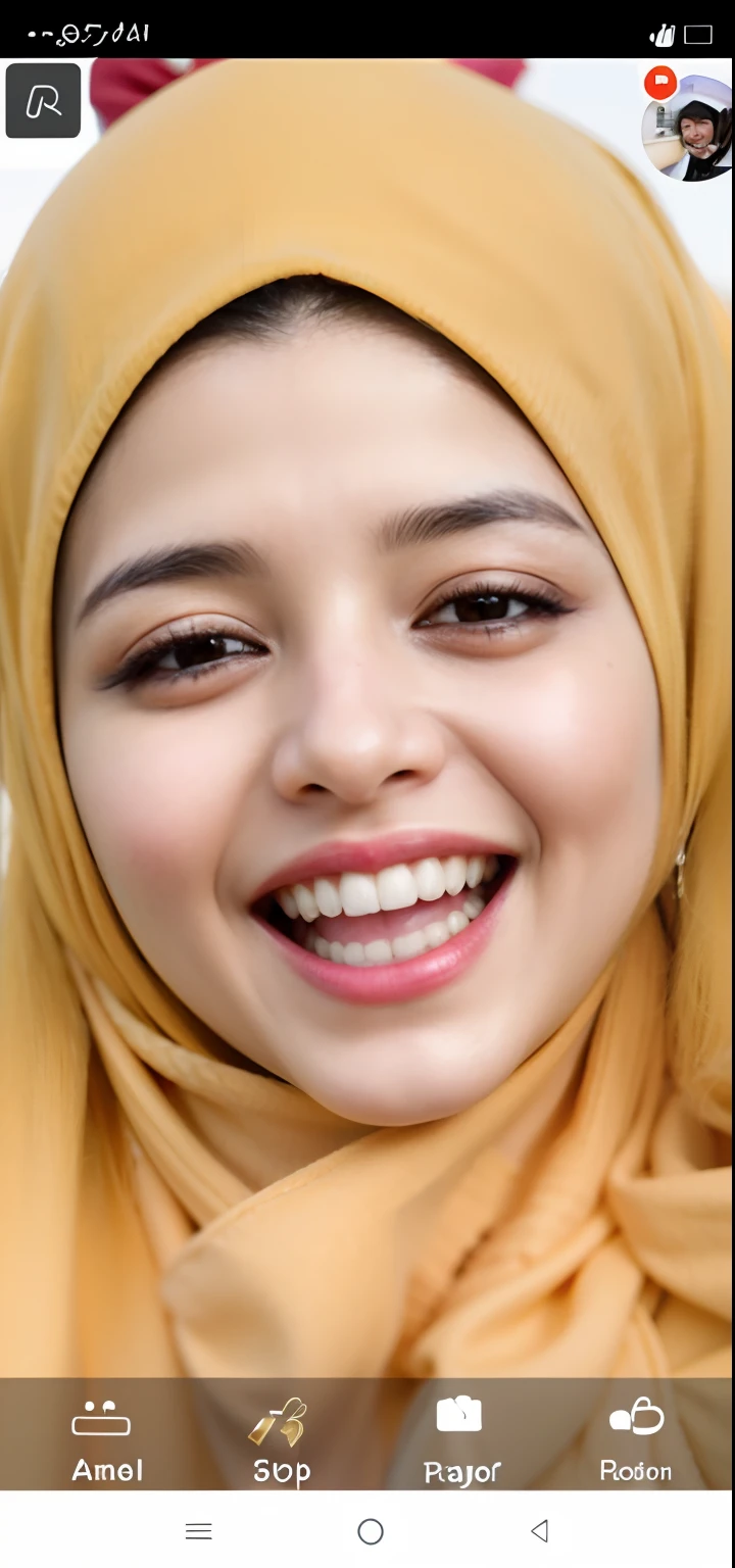a close up of a woman wearing a yellow hijab and smiling,