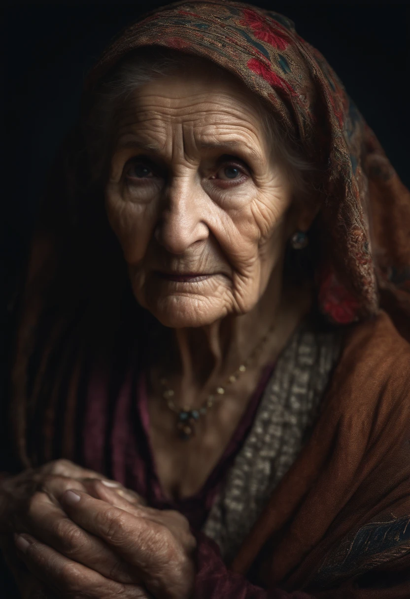 Elderly woman, fortune teller,Torn clothes, dry skin, Look Forward,All dark backgrounds, battered, Realistic, 8K