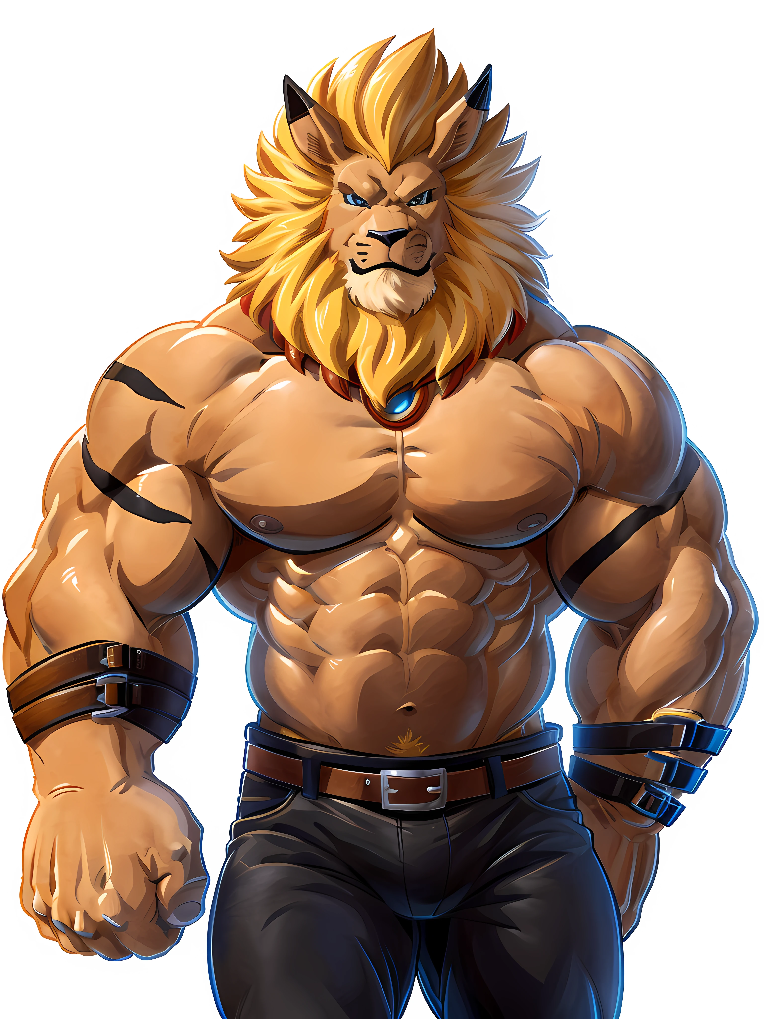 leomon, lion, very muscular, heavyweight, big shoulders, big hands, big pectorals, bare torso, black pants, black belt, male, masculine, 4k, high resolution, detailed, correct anatomy, cartoony proportions, (featureless background, white background), half body, front view, (by wfa, by negger:1.0), nipples