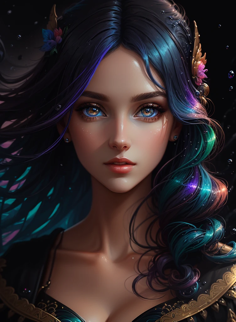 ((Best Quality)), ((Masterpiece)), (Real), (Details), (Details), (1 Woman) close-up portrait of woman with colorful hair, dreamy beautiful woman, 4K high-definition digital art, stunning digital illustration, stunning 8K artwork, colorful digital fantasy art, colorful and dark, beautiful digital artwork, colorful digital painting, Digital Anime Art, Portrait of Girl with Bright Waves, 8K HD Digital Wallpaper Art, Gorgeous Digital Painting