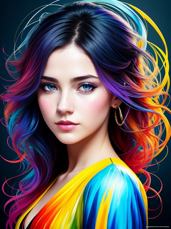Colorful beautiful girl: a giru 28-years old, messy hair, oil painting, nice perfect face with soft skinice perfect face, blue yellow colors, light purple and violet additions, light red additions, intricate detail, splash screen, 8k resolution, masterpiece, cute face,artstation digital painting smooth veryBlack ink flow: 8k resolution photorealistic masterpiece: intricately detailed fluid gouache painting: by Jean Baptiste Mongue: calligraphy: acrylic: watercolor art, professional photography, natural lighting, volumetric lighting maximalist photoillustration: by marton bobzert:, complex, elegant, expansive, fantastical, wavy hair, vibrant, Best quality details, realistic, High definition, High quality texture, epic lighting, Cinematic film still, 8k, soft lighting, anime style, masterful playing card border, random Colorful art, oil painting, blue yellow colors, light purple and violet additions, light red additions, intricate detail, splash screen, 8k resolution, masterpiece, artstation digital painting smooth veryBlack ink flow: 8k resolution photorealistic masterpiece: intricately detailed fluid gouache painting: by Jean Baptiste Mongue: calligraphy: acrylic: watercolor art, professional photography, natural lighting, volumetric lighting maximalist photoillustration: by marton bobzert:, complex, elegant, expansive, fantastical, vibrant