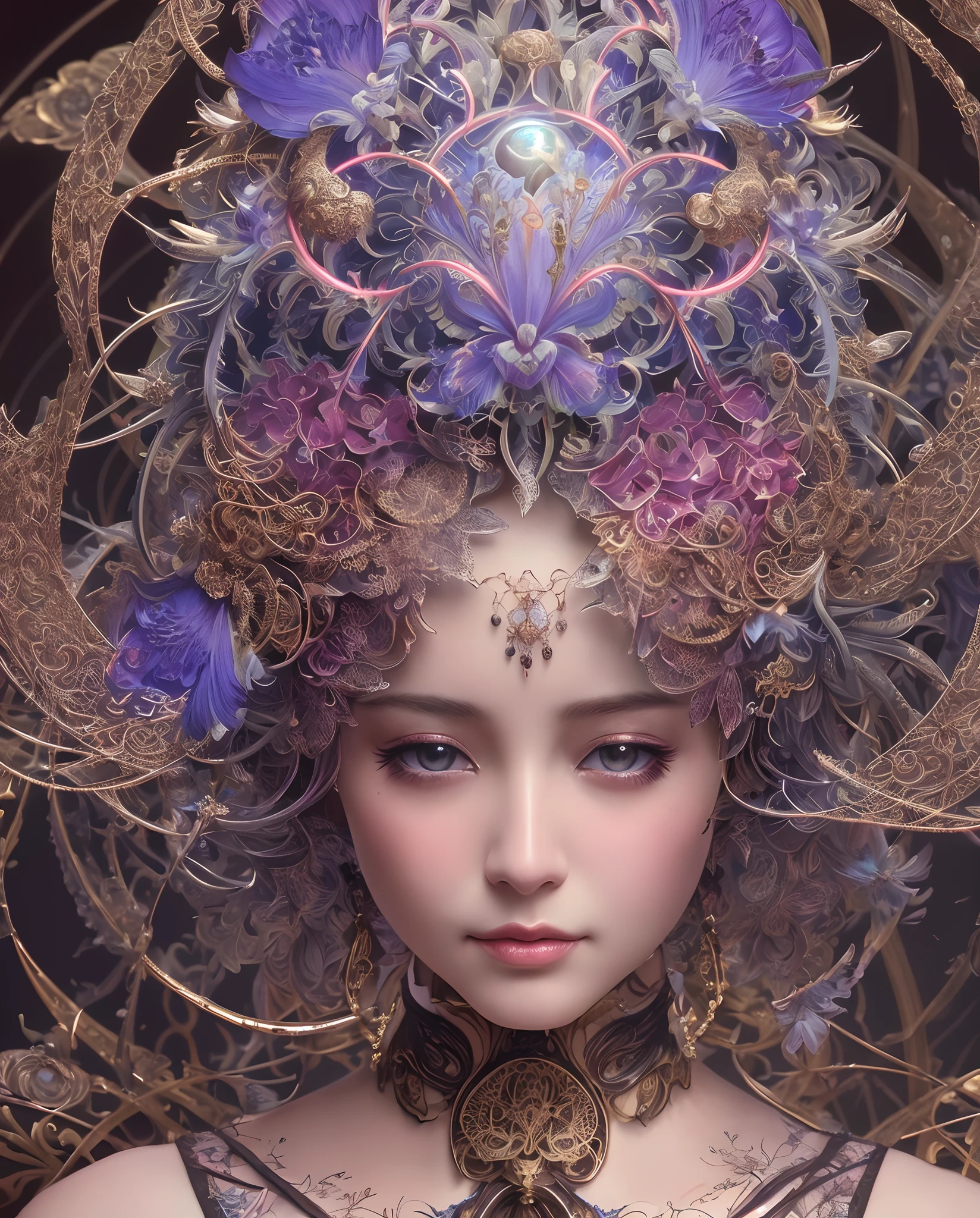 Potrait,mechanical android flower by, earnst haeckel, james jean. generative art, baroque, intricate patterns, fractalism, movie still, photorealistic, vibrant peacock feathers, intricate, elegant, highly detailed, digital painting, artstation, smooth, sharp focus, illustration, outrun, vaporware,
1 girl, solo, close up, potrait,
beautiful detailed intricate insanely detailed octane render trending on artstation, 8 k artistic photography, volumetric lighting, beautiful, rich deep colors masterpiece, sharp focus, ultra detailed,
