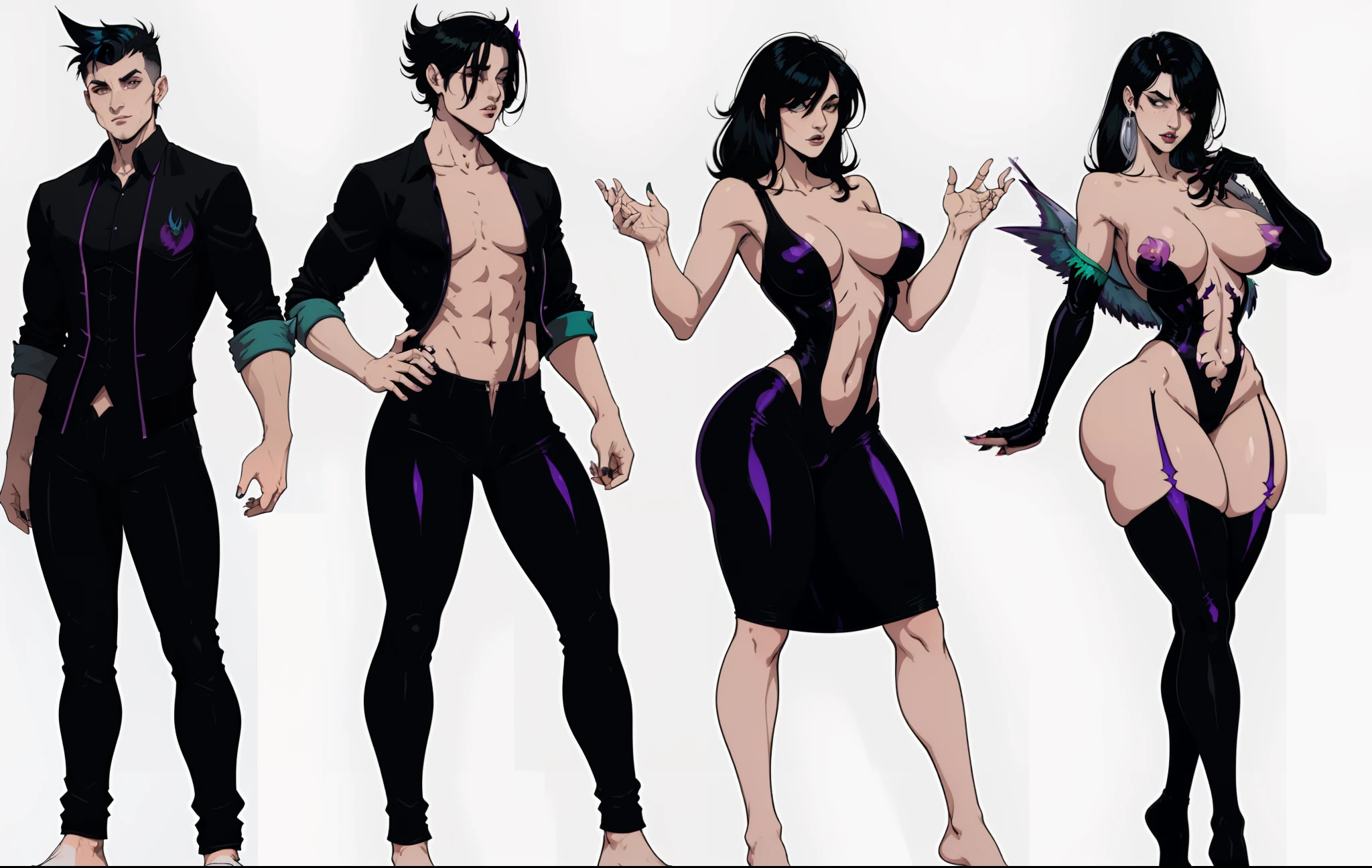 masterpiece, best quality,gender transformation, mtf, sequence, full body, standing, simple white background, morrigan aensland, mature male, mature female, breast expansion, black hair