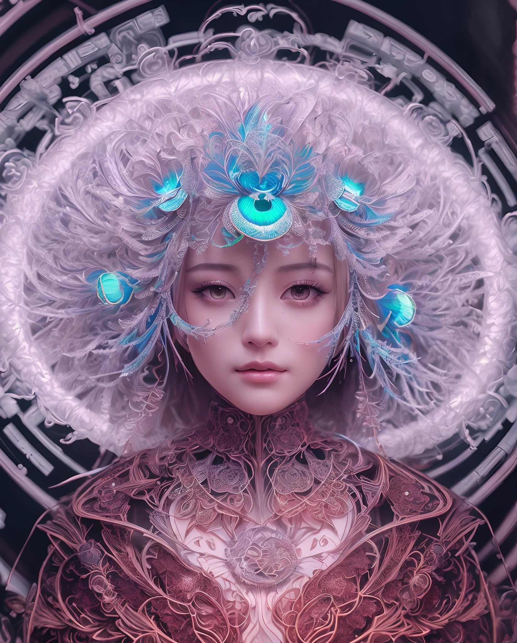 Potrait,mechanical android flower by, earnst haeckel, james jean. generative art, baroque, intricate patterns, fractalism, movie still, photorealistic, vibrant peacock feathers, intricate, elegant, highly detailed, digital painting, artstation, smooth, sharp focus, illustration, outrun, vaporware,
1 girl, solo, close up, potrait,
beautiful detailed intricate insanely detailed octane render trending on artstation, 8 k artistic photography, volumetric lighting, beautiful, rich deep colors masterpiece, sharp focus, ultra detailed,
