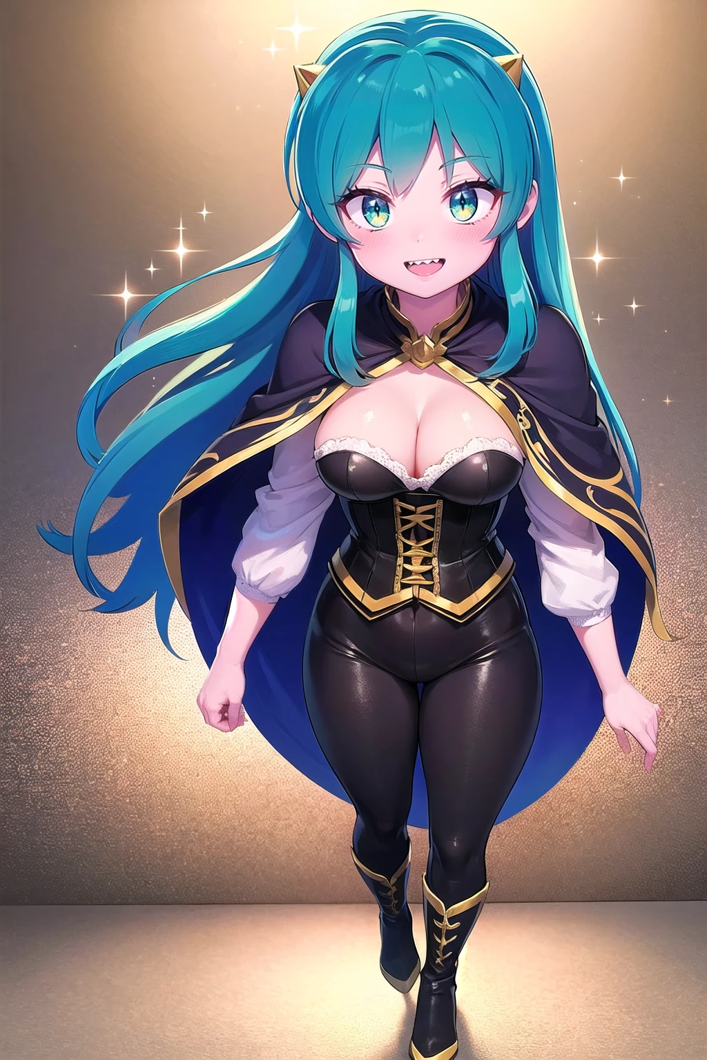 masterpiece, best quality,, corset, breastplate,lum, , urusei yatsura, cloak, pants, pullover kimono,martial pov,, pantyhose, sharpteeth, standing,smile, matial art,, full body, boots , pant, medium breast, pants, pullover,martial pov,god rays, ray tracing, sparkle, cinematic lighting, UHD, retina, masterpiece, ccurate, anatomically correct, textured skin, super detail, high details, high quality, award winning, best quality, highres, 1080P, HD, 4K, thunder aura, light aura